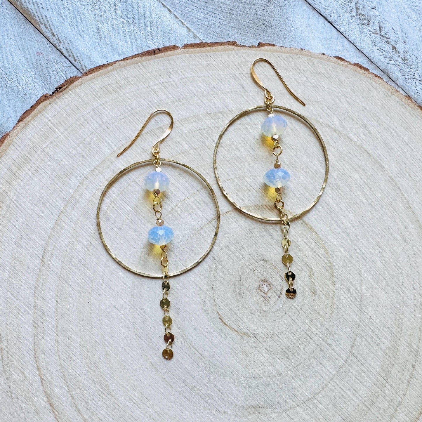 Opalite Earrings, Geometric Jewelry, Brass Hoops, Brass Dangle Earrings, Boho Chic, Gold Hoop Earrings for Women, Christmas Gifts for Aunt