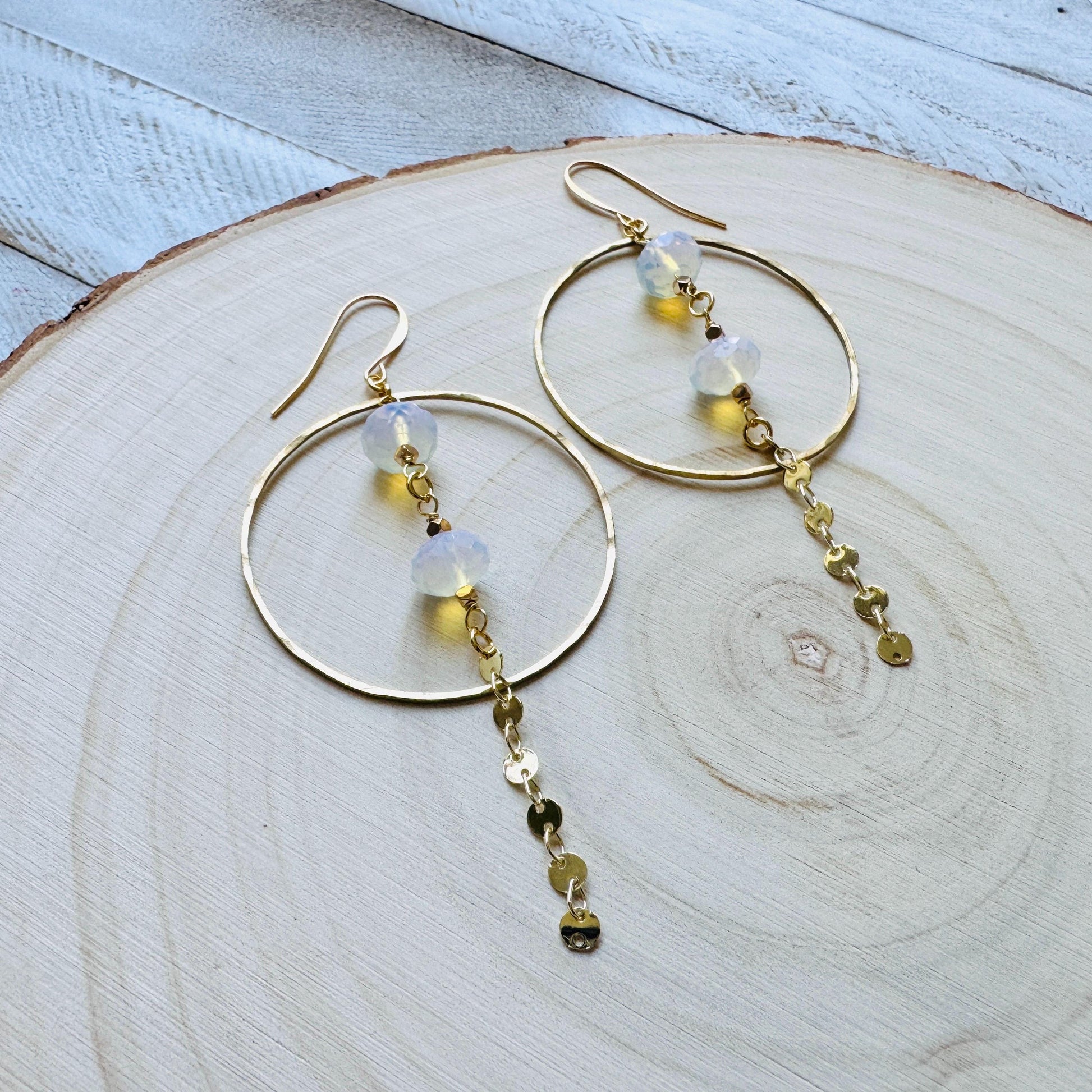 Opalite Earrings, Geometric Jewelry, Brass Hoops, Brass Dangle Earrings, Boho Chic, Gold Hoop Earrings for Women, Christmas Gifts for Aunt