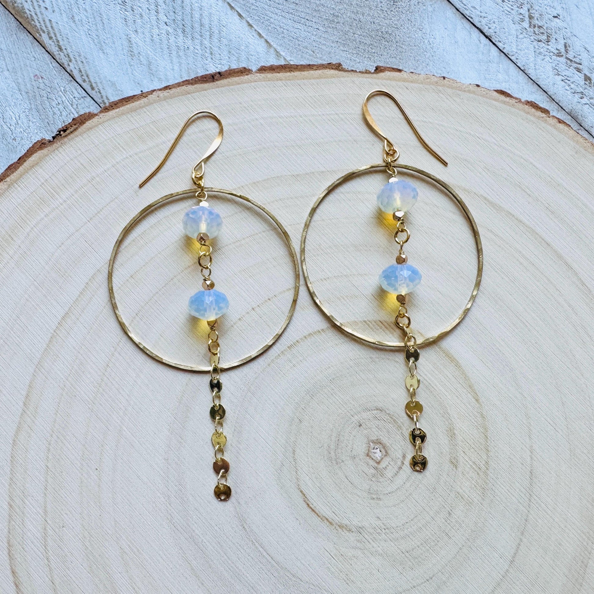 Opalite Earrings, Geometric Jewelry, Brass Hoops, Brass Dangle Earrings, Boho Chic, Gold Hoop Earrings for Women, Christmas Gifts for Aunt