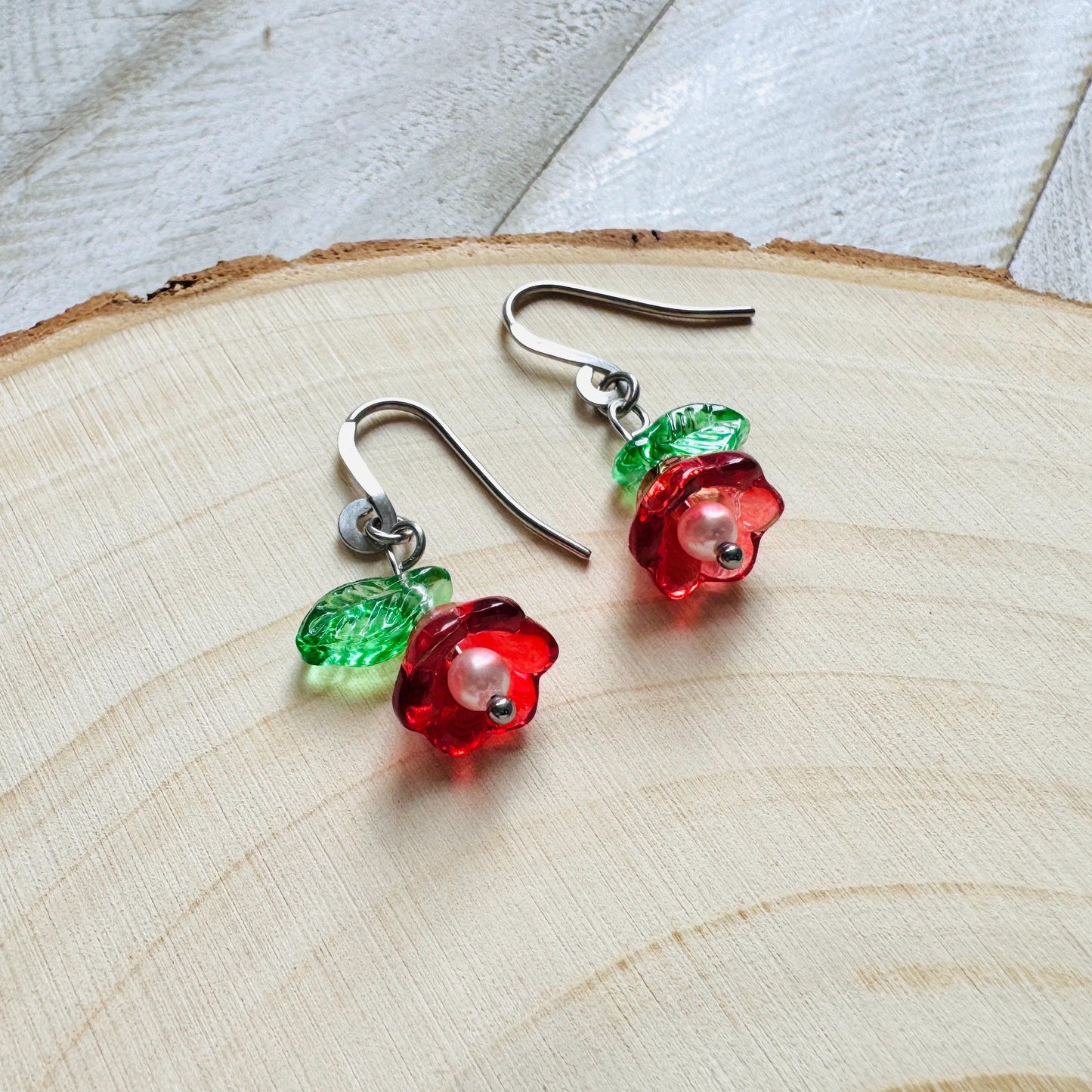 Glass Flower Earrings, Silver Earrings, Pearl Earrings Dangle, Goth Earrings, Bridesmaid Jewelry, Plant Mom Gift, Christmas Gifts for Aunt