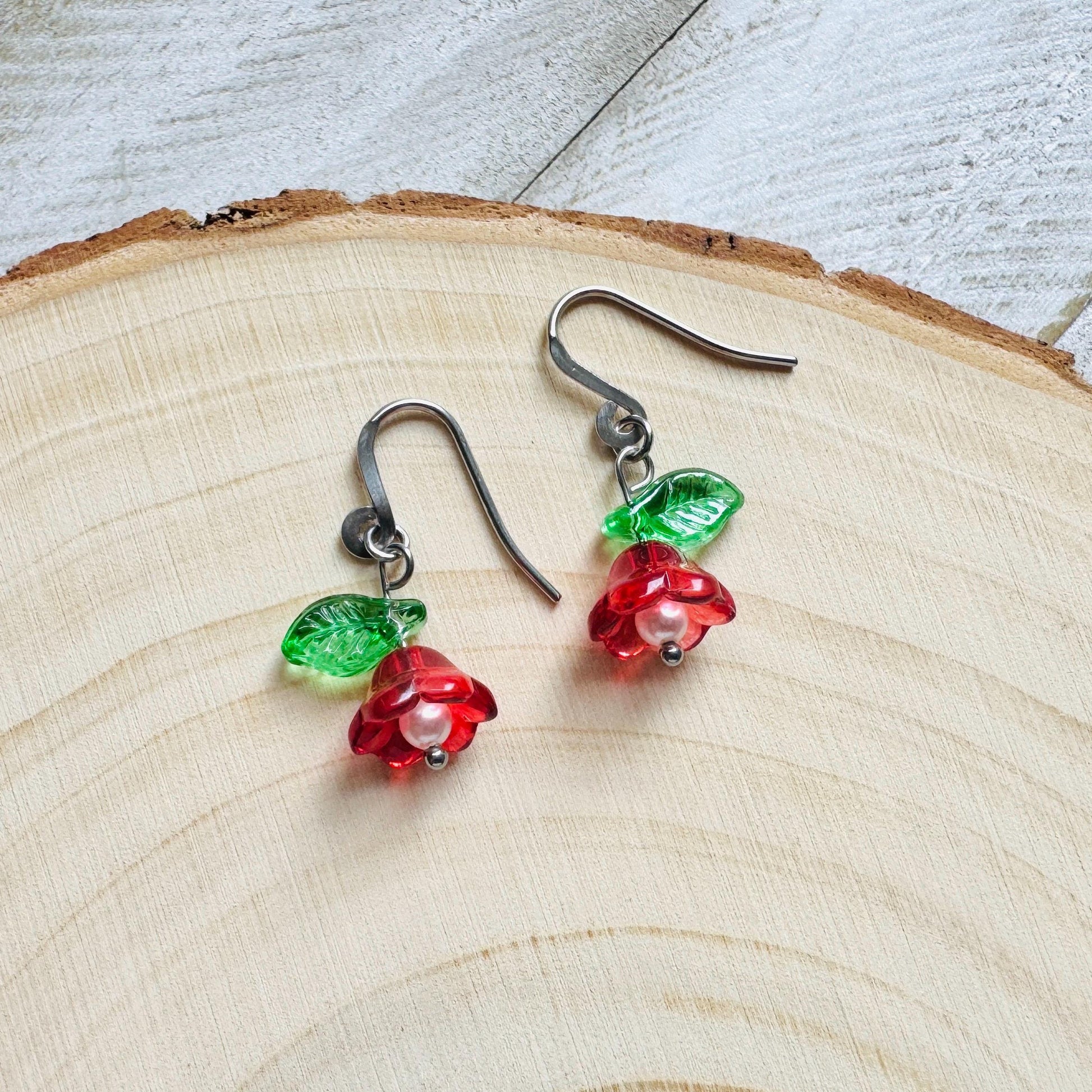 Glass Flower Earrings, Silver Earrings, Pearl Earrings Dangle, Goth Earrings, Bridesmaid Jewelry, Plant Mom Gift, Christmas Gifts for Aunt