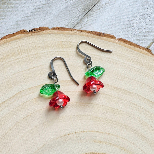 Glass Flower Earrings, Silver Earrings, Pearl Earrings Dangle, Goth Earrings, Bridesmaid Jewelry, Plant Mom Gift, Christmas Gifts for Aunt