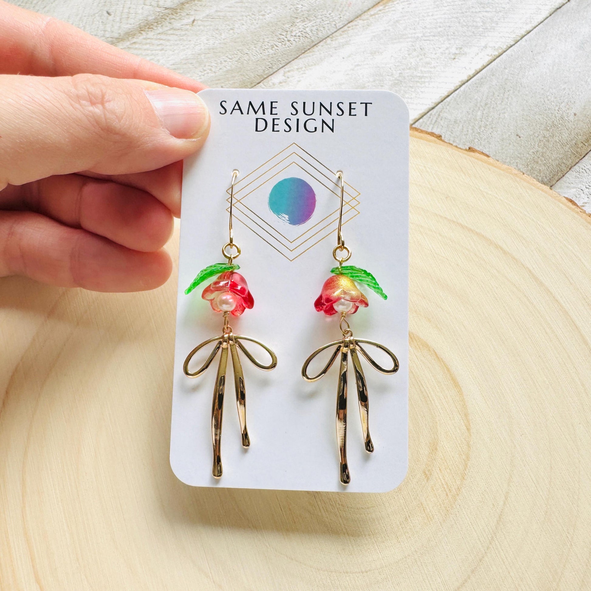 Glass Flower Earrings, Bow Earrings, Pearl Earrings Dangle, Dainty Earrings, Bridesmaid Jewelry, Plant Mom Gift, Christmas Gifts for Aunt