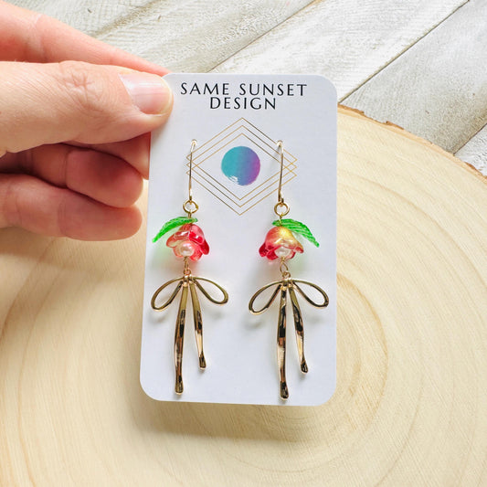 Glass Flower Earrings, Bow Earrings, Pearl Earrings Dangle, Dainty Earrings, Bridesmaid Jewelry, Plant Mom Gift, Christmas Gifts for Aunt
