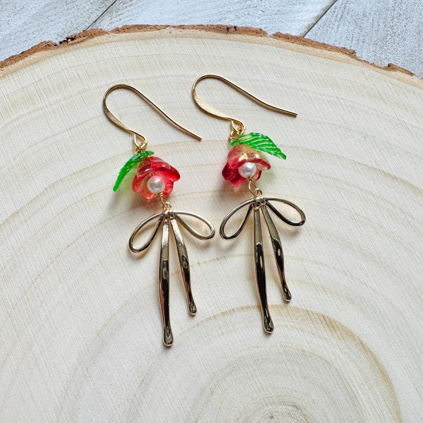 Glass Flower Earrings, Bow Earrings, Pearl Earrings Dangle, Dainty Earrings, Bridesmaid Jewelry, Plant Mom Gift, Christmas Gifts for Aunt