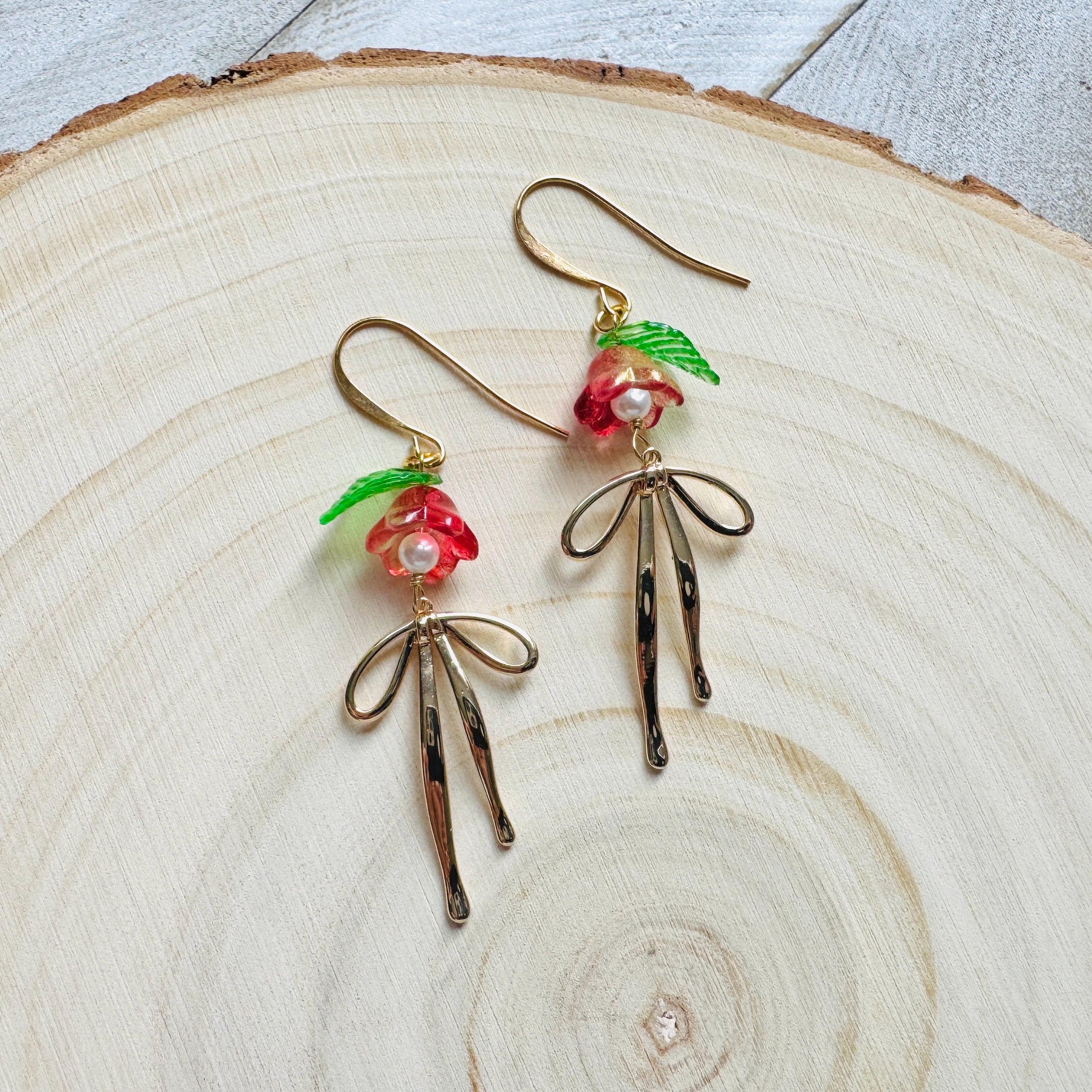Glass Flower Earrings, Bow Earrings, Pearl Earrings Dangle, Dainty Earrings, Bridesmaid Jewelry, Plant Mom Gift, Christmas Gifts for Aunt