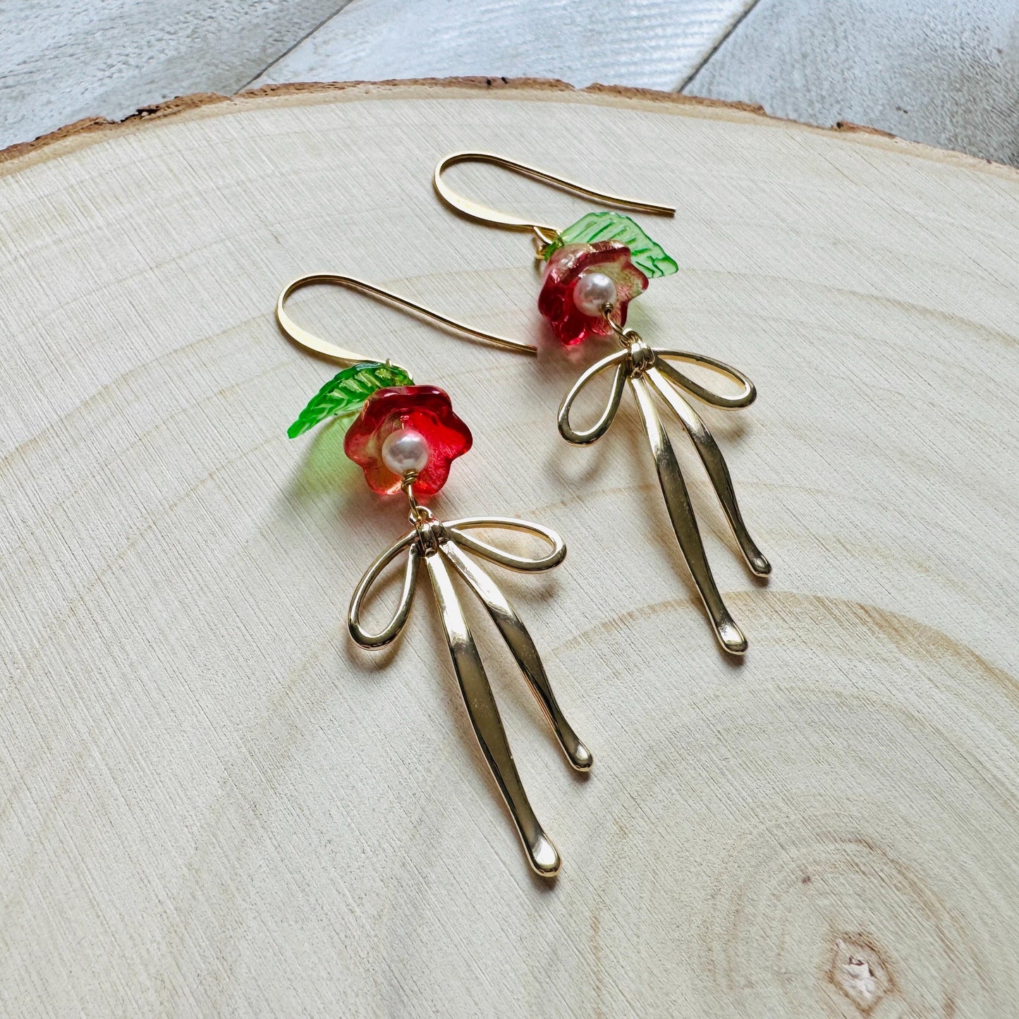 Glass Flower Earrings, Bow Earrings, Pearl Earrings Dangle, Dainty Earrings, Bridesmaid Jewelry, Plant Mom Gift, Christmas Gifts for Aunt