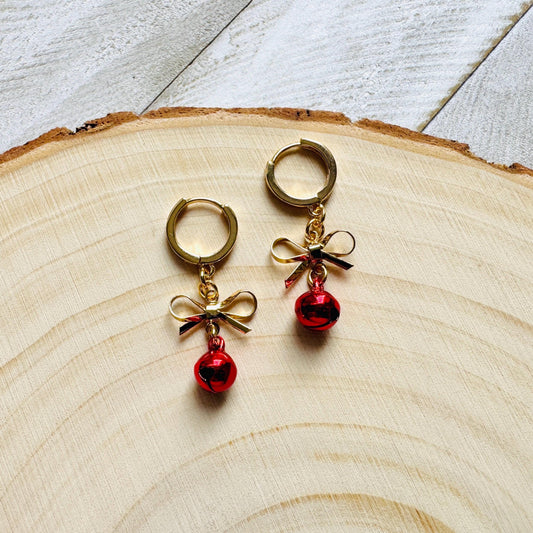 Bell Earrings, Bows, Christmas Earrings, Huggie Hoops, Holiday Earrings Dangle, Best Christmas Gifts for Women, Coquette Gifts for Girls