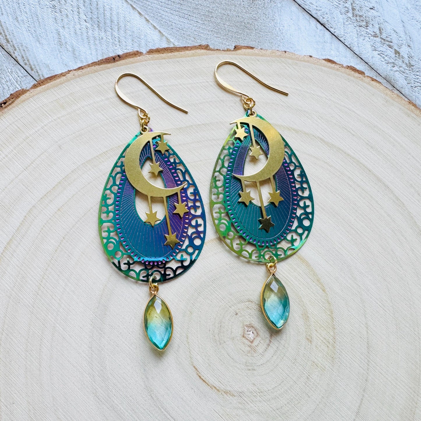 Quartz Earrings, Celestial Earrings Gold, Moon Earrings Dangle, Fairycore Jewelry Gold, Whimsical Gifts, Xmas Gifts for Coworkers, Boho Chic