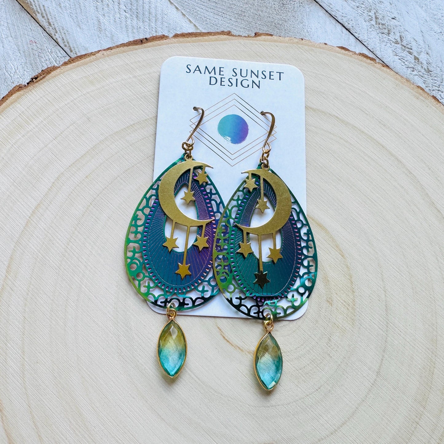 Quartz Earrings, Celestial Earrings Gold, Moon Earrings Dangle, Fairycore Jewelry Gold, Whimsical Gifts, Xmas Gifts for Coworkers, Boho Chic