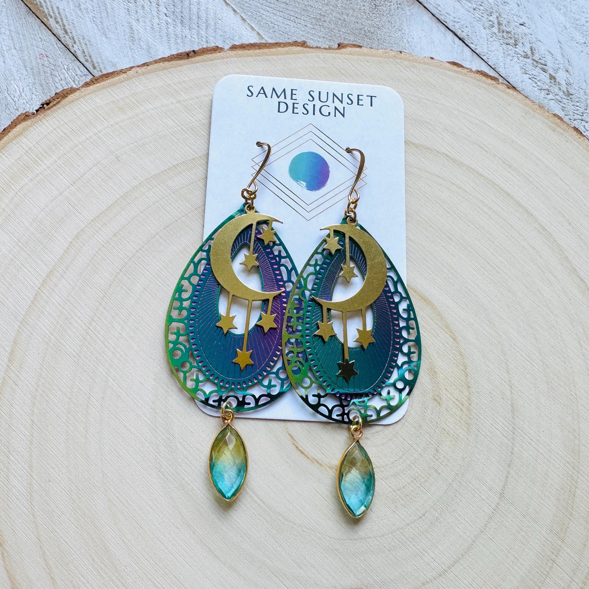 Quartz Earrings, Celestial Earrings Gold, Moon Earrings Dangle, Fairycore Jewelry Gold, Whimsical Gifts, Xmas Gifts for Coworkers, Boho Chic