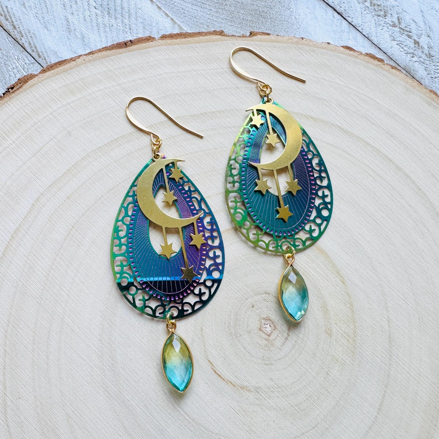 Quartz Earrings, Celestial Earrings Gold, Moon Earrings Dangle, Fairycore Jewelry Gold, Whimsical Gifts, Xmas Gifts for Coworkers, Boho Chic