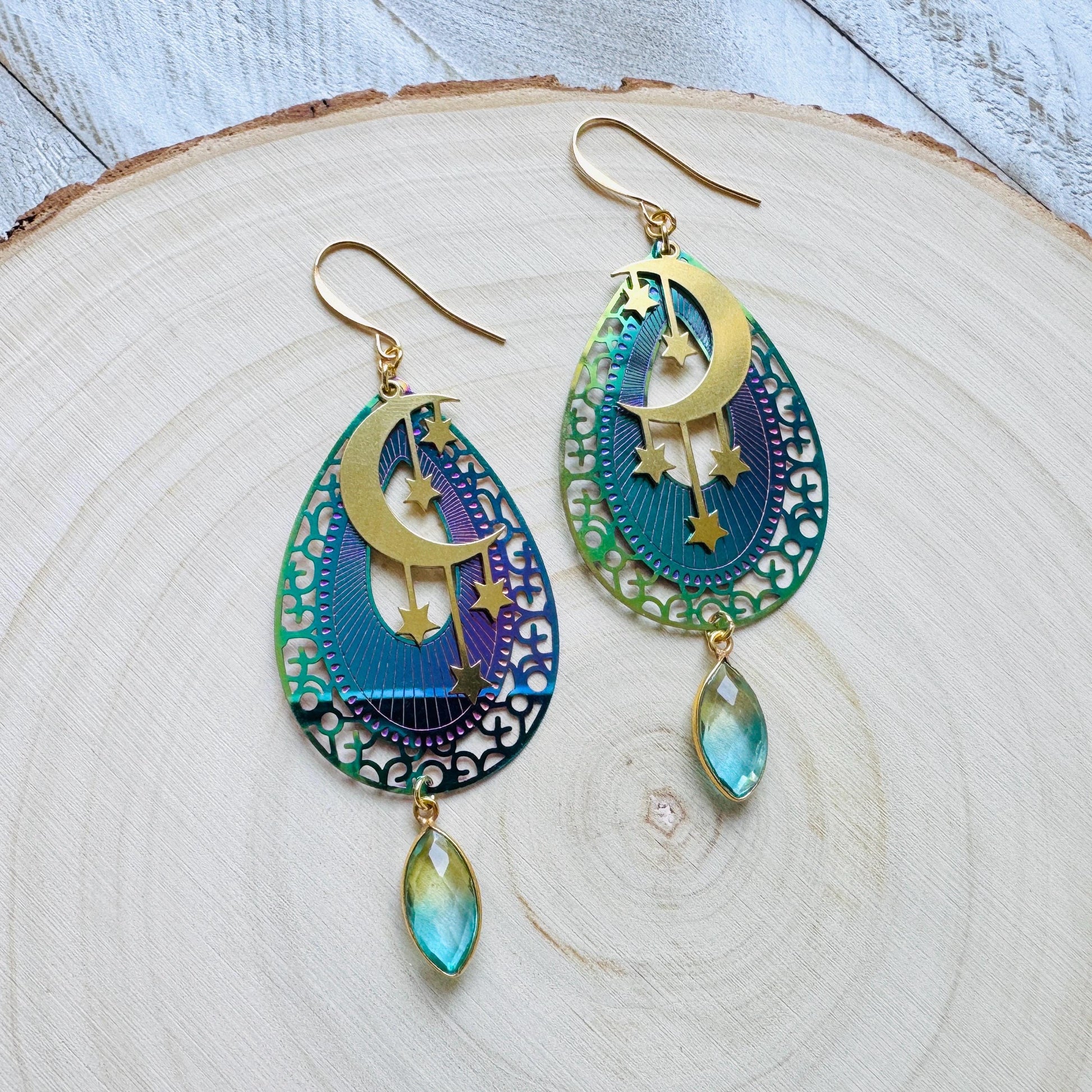 Quartz Earrings, Celestial Earrings Gold, Moon Earrings Dangle, Fairycore Jewelry Gold, Whimsical Gifts, Xmas Gifts for Coworkers, Boho Chic