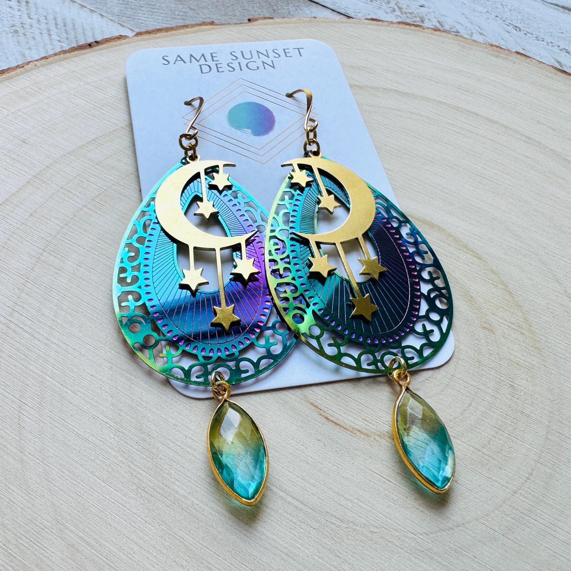 Quartz Earrings, Celestial Earrings Gold, Moon Earrings Dangle, Fairycore Jewelry Gold, Whimsical Gifts, Xmas Gifts for Coworkers, Boho Chic