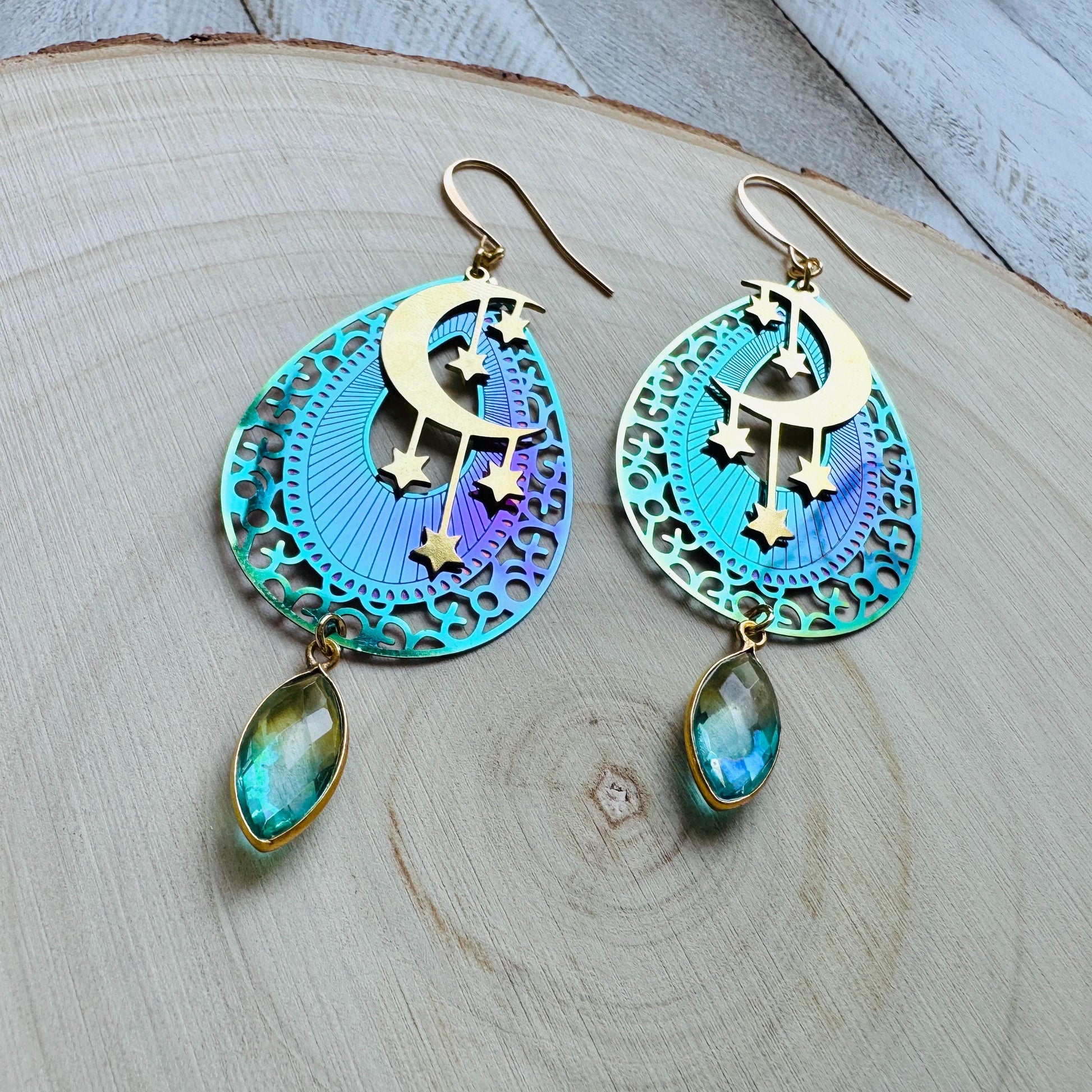 Quartz Earrings, Celestial Earrings Gold, Moon Earrings Dangle, Fairycore Jewelry Gold, Whimsical Gifts, Xmas Gifts for Coworkers, Boho Chic
