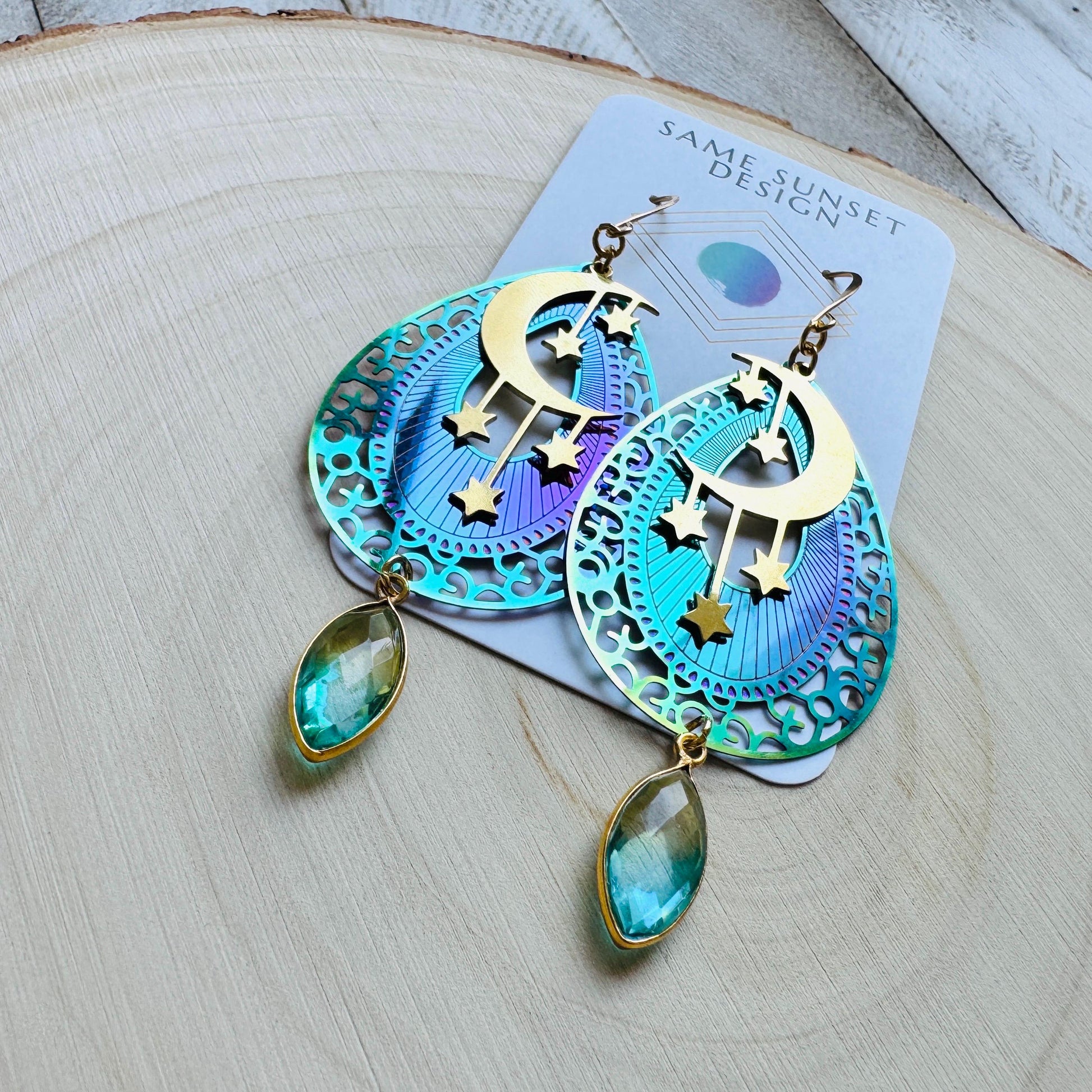 Quartz Earrings, Celestial Earrings Gold, Moon Earrings Dangle, Fairycore Jewelry Gold, Whimsical Gifts, Xmas Gifts for Coworkers, Boho Chic