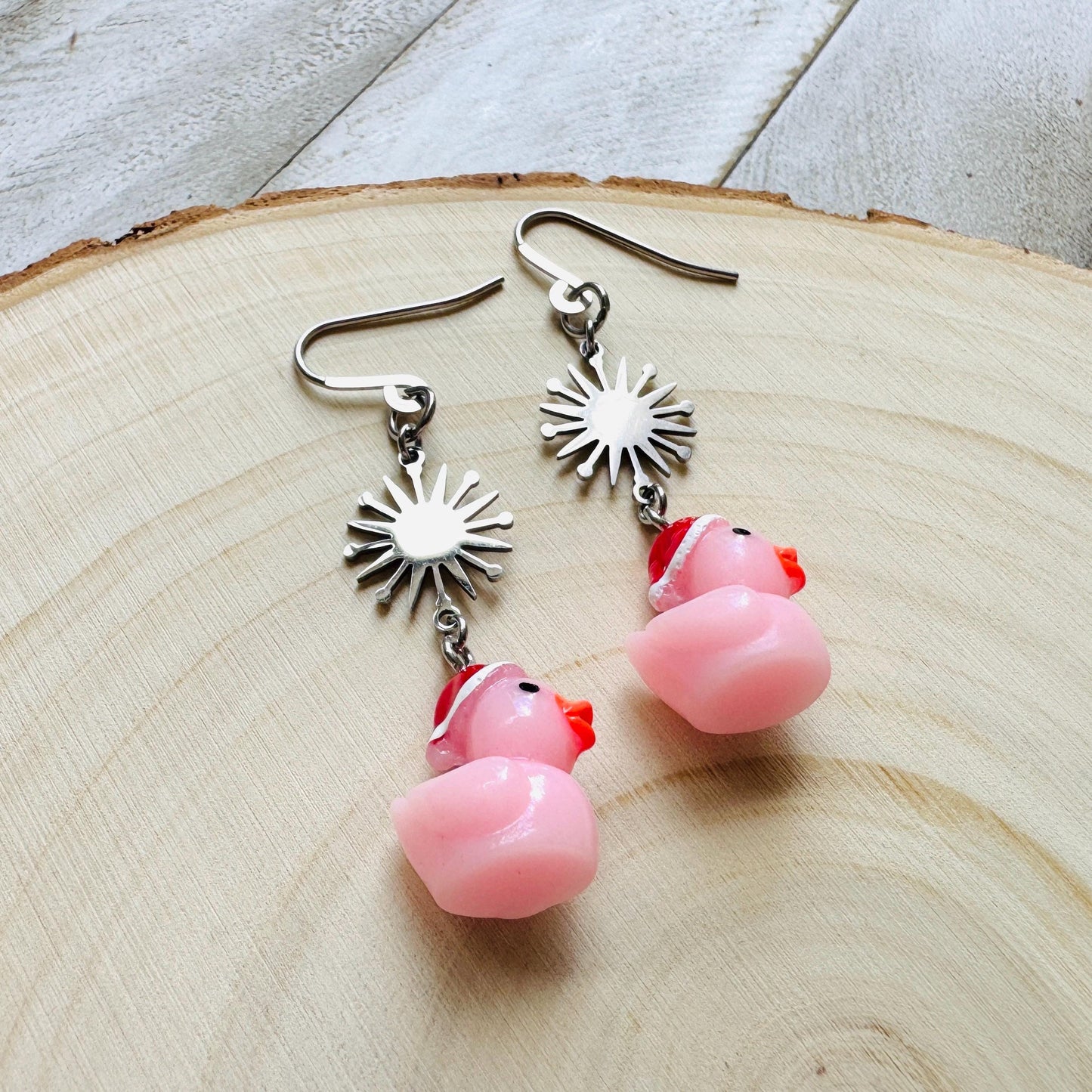 Duck Earrings, Pink Earrings, Holiday Earrings Dangle, Whimsigoth Earrings, Silver, Wanderlust Jewelry, Best Christmas Gifts for Women