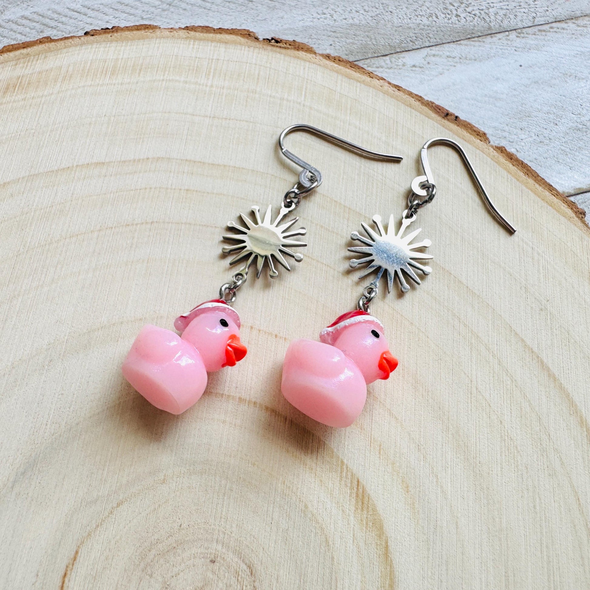 Duck Earrings, Pink Earrings, Holiday Earrings Dangle, Whimsigoth Earrings, Silver, Wanderlust Jewelry, Best Christmas Gifts for Women