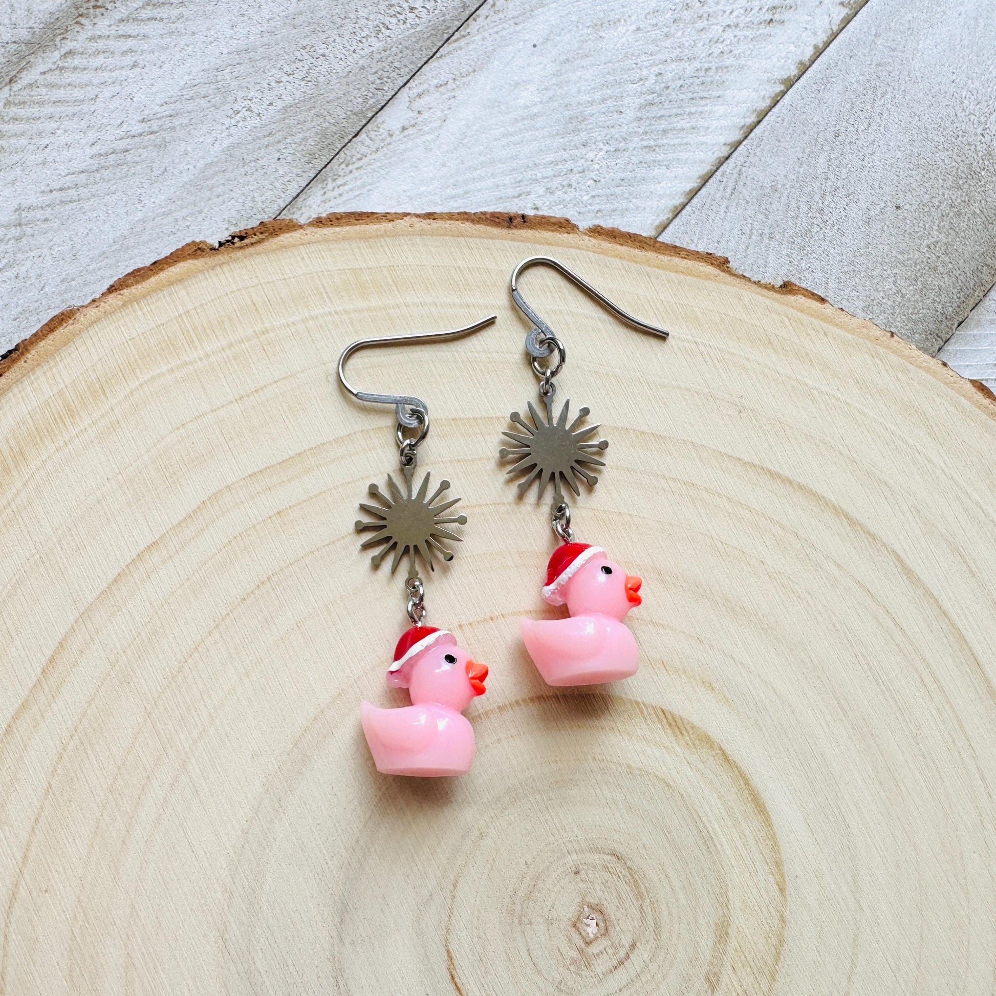 Duck Earrings, Pink Earrings, Holiday Earrings Dangle, Whimsigoth Earrings, Silver, Wanderlust Jewelry, Best Christmas Gifts for Women
