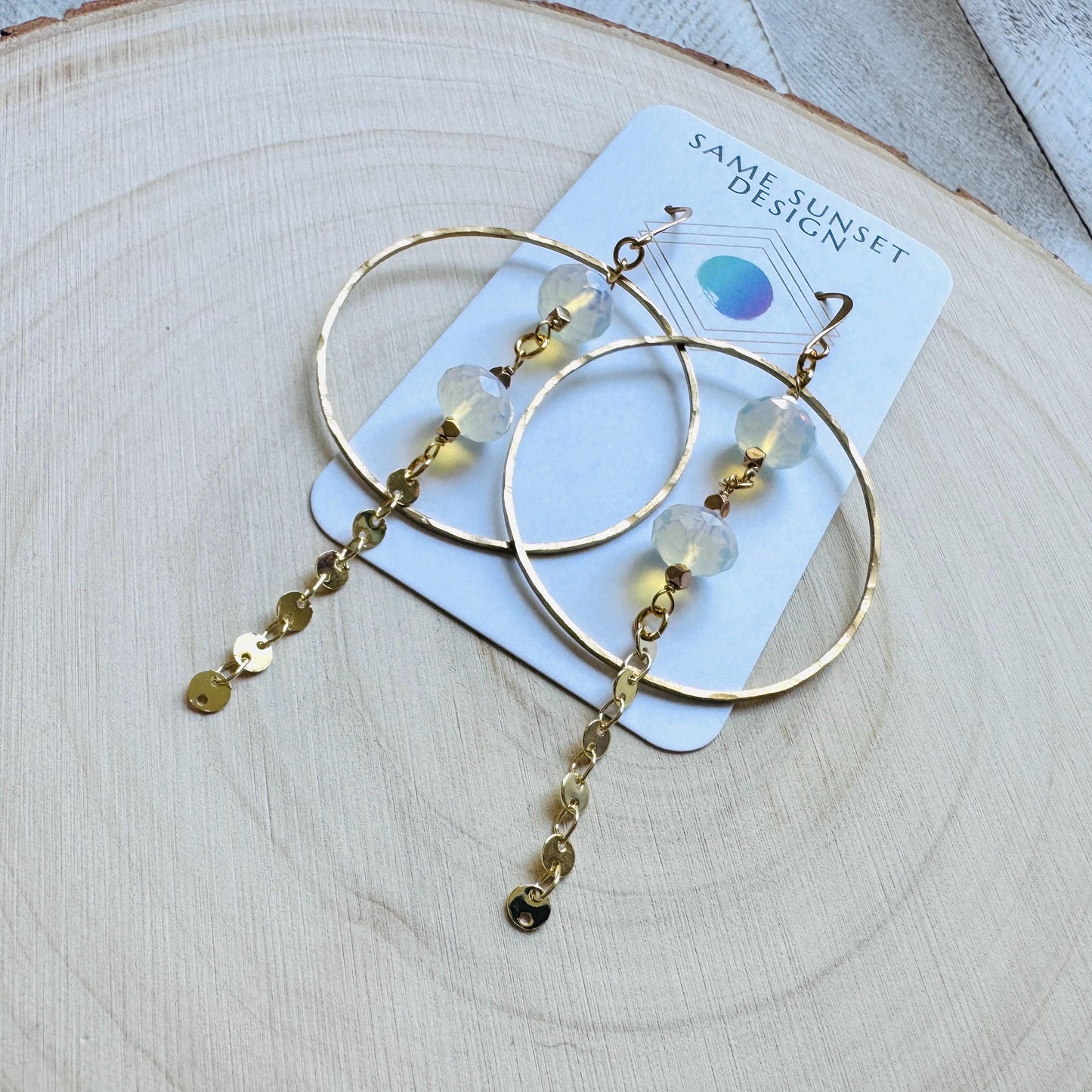 Opalite Earrings, Geometric Jewelry, Brass Hoops, Brass Dangle Earrings, Boho Chic, Gold Hoop Earrings for Women, Christmas Gifts for Aunt