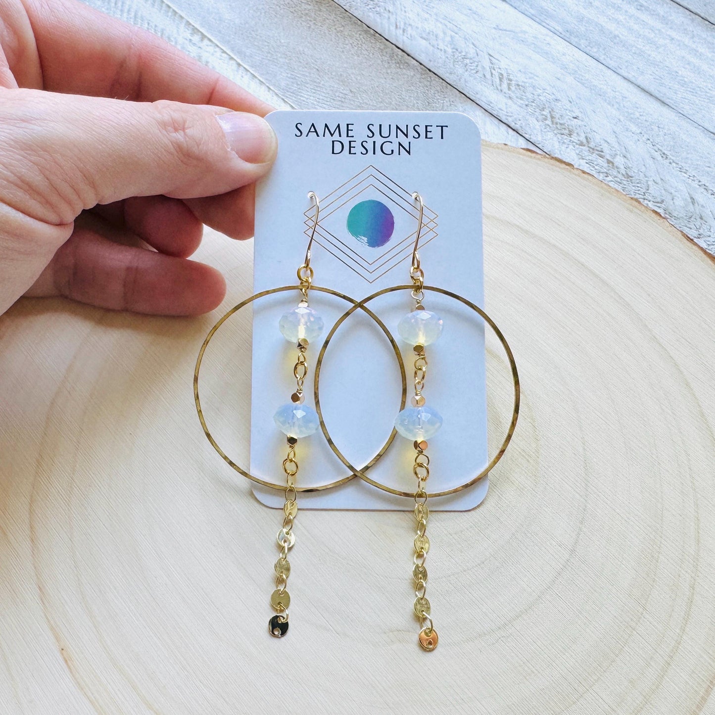 Opalite Earrings, Geometric Jewelry, Brass Hoops, Brass Dangle Earrings, Boho Chic, Gold Hoop Earrings for Women, Christmas Gifts for Aunt