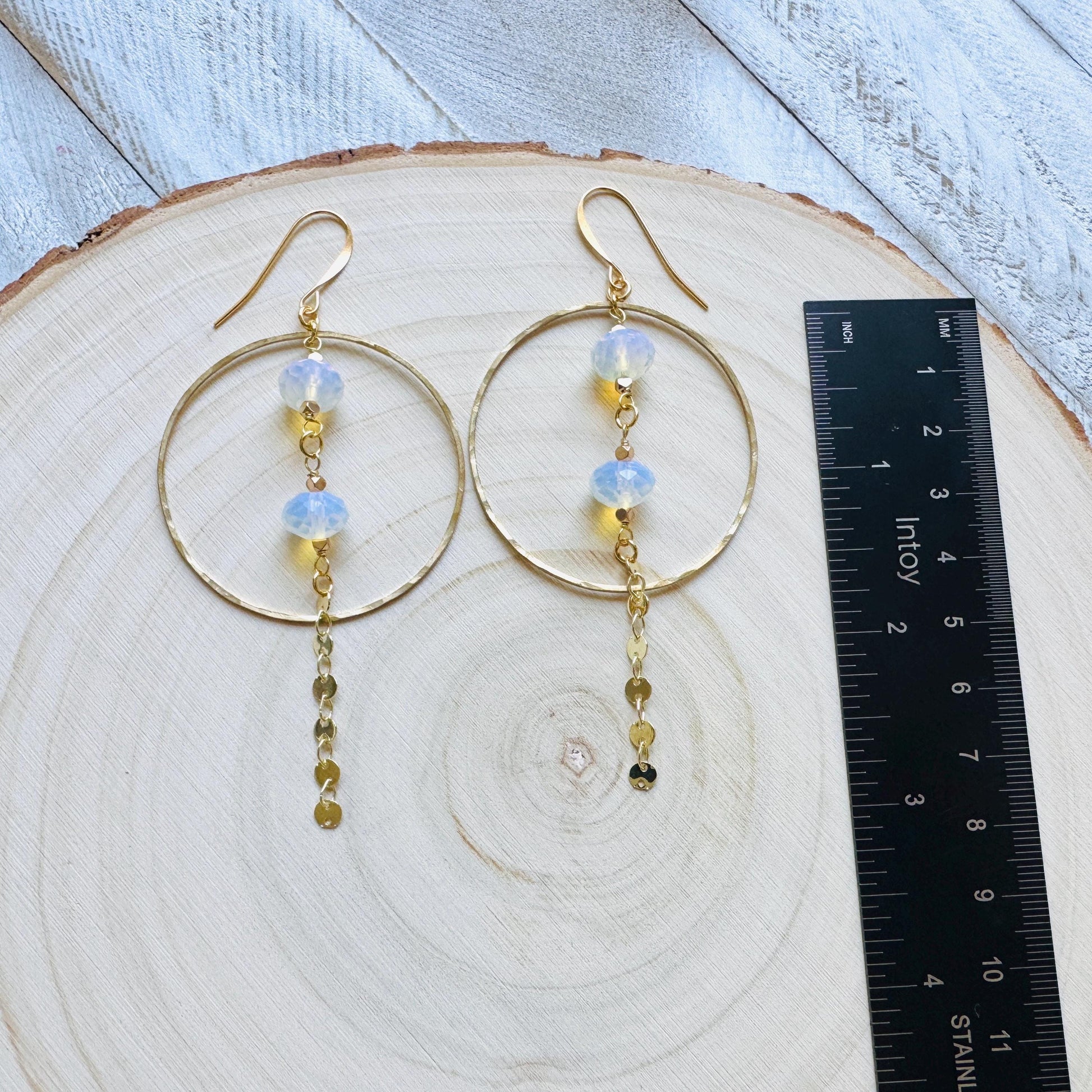 Opalite Earrings, Geometric Jewelry, Brass Hoops, Brass Dangle Earrings, Boho Chic, Gold Hoop Earrings for Women, Christmas Gifts for Aunt