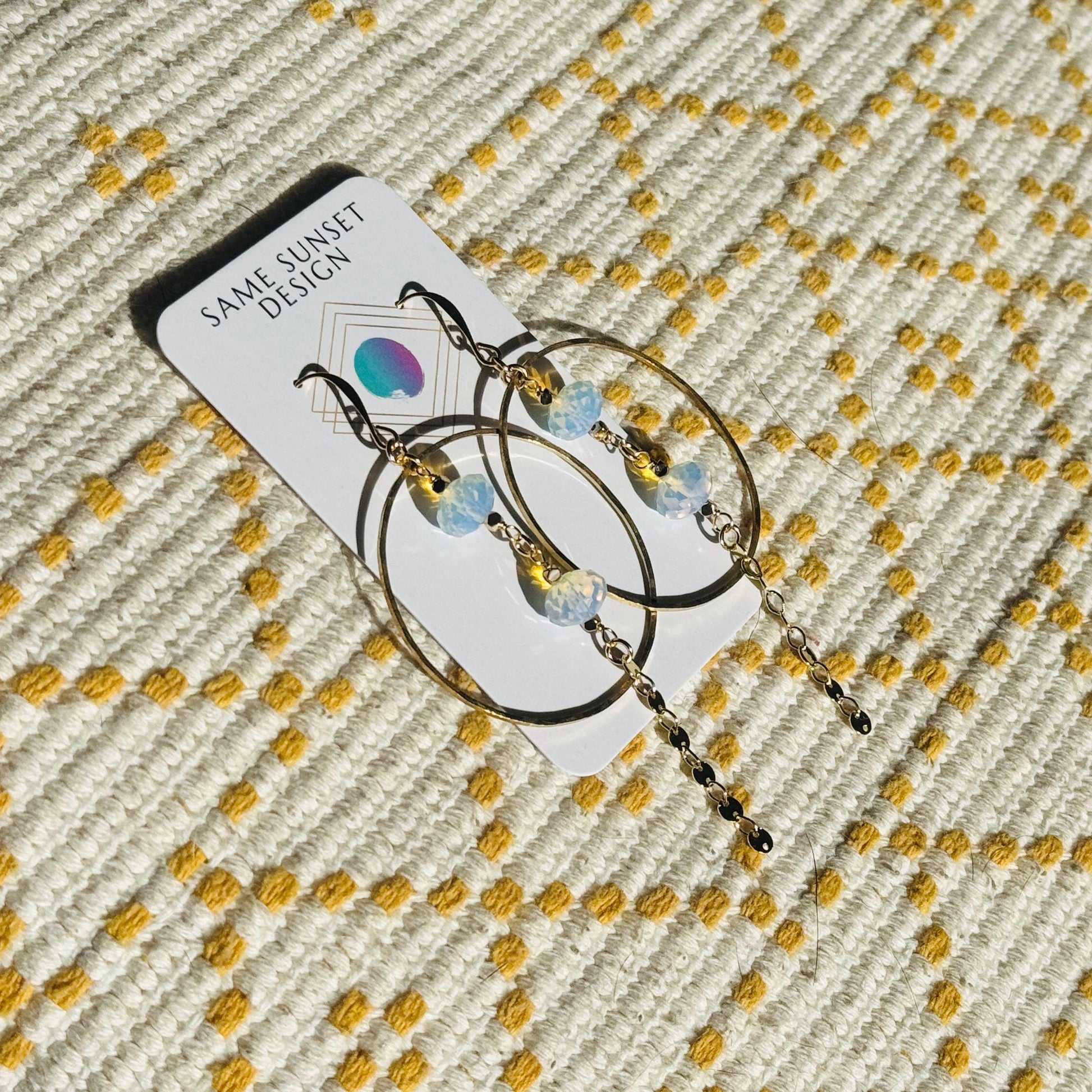 Opalite Earrings, Geometric Jewelry, Brass Hoops, Brass Dangle Earrings, Boho Chic, Gold Hoop Earrings for Women, Christmas Gifts for Aunt