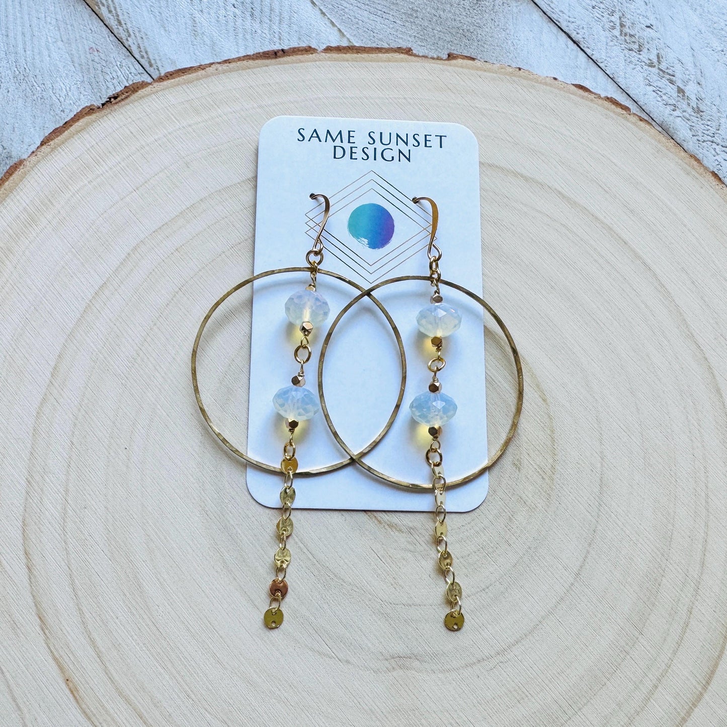 Opalite Earrings, Geometric Jewelry, Brass Hoops, Brass Dangle Earrings, Boho Chic, Gold Hoop Earrings for Women, Christmas Gifts for Aunt