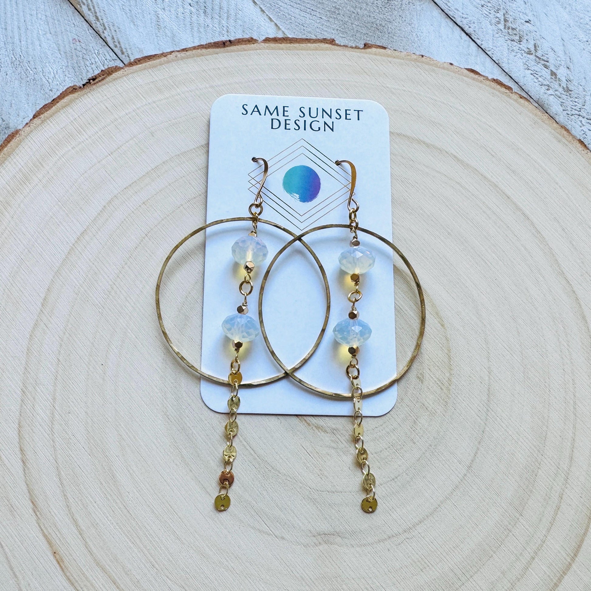 Opalite Earrings, Geometric Jewelry, Brass Hoops, Brass Dangle Earrings, Boho Chic, Gold Hoop Earrings for Women, Christmas Gifts for Aunt