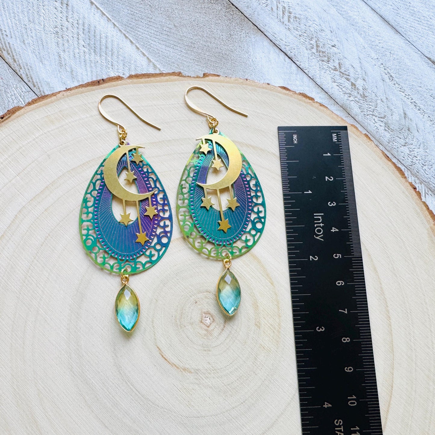 Quartz Earrings, Celestial Earrings Gold, Moon Earrings Dangle, Fairycore Jewelry Gold, Whimsical Gifts, Xmas Gifts for Coworkers, Boho Chic