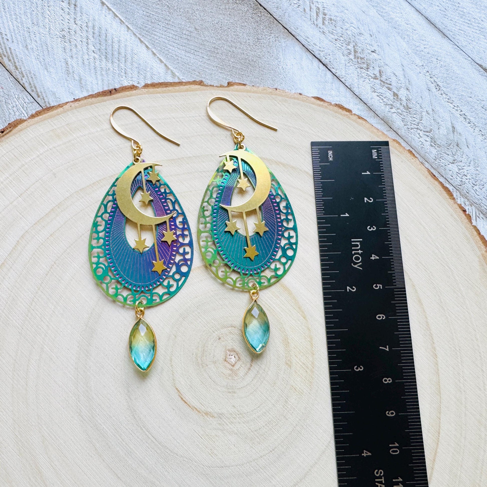 Quartz Earrings, Celestial Earrings Gold, Moon Earrings Dangle, Fairycore Jewelry Gold, Whimsical Gifts, Xmas Gifts for Coworkers, Boho Chic