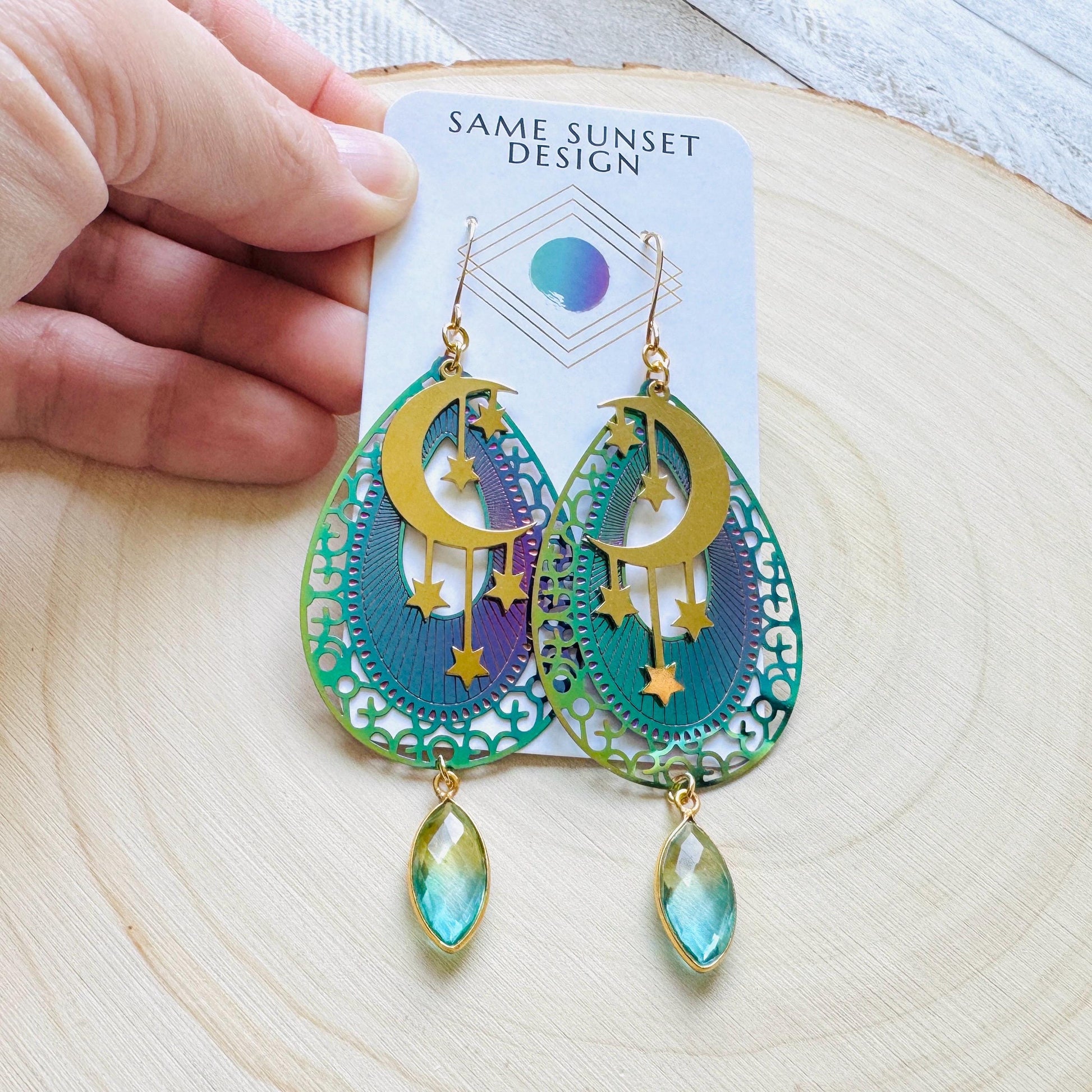 Quartz Earrings, Celestial Earrings Gold, Moon Earrings Dangle, Fairycore Jewelry Gold, Whimsical Gifts, Xmas Gifts for Coworkers, Boho Chic