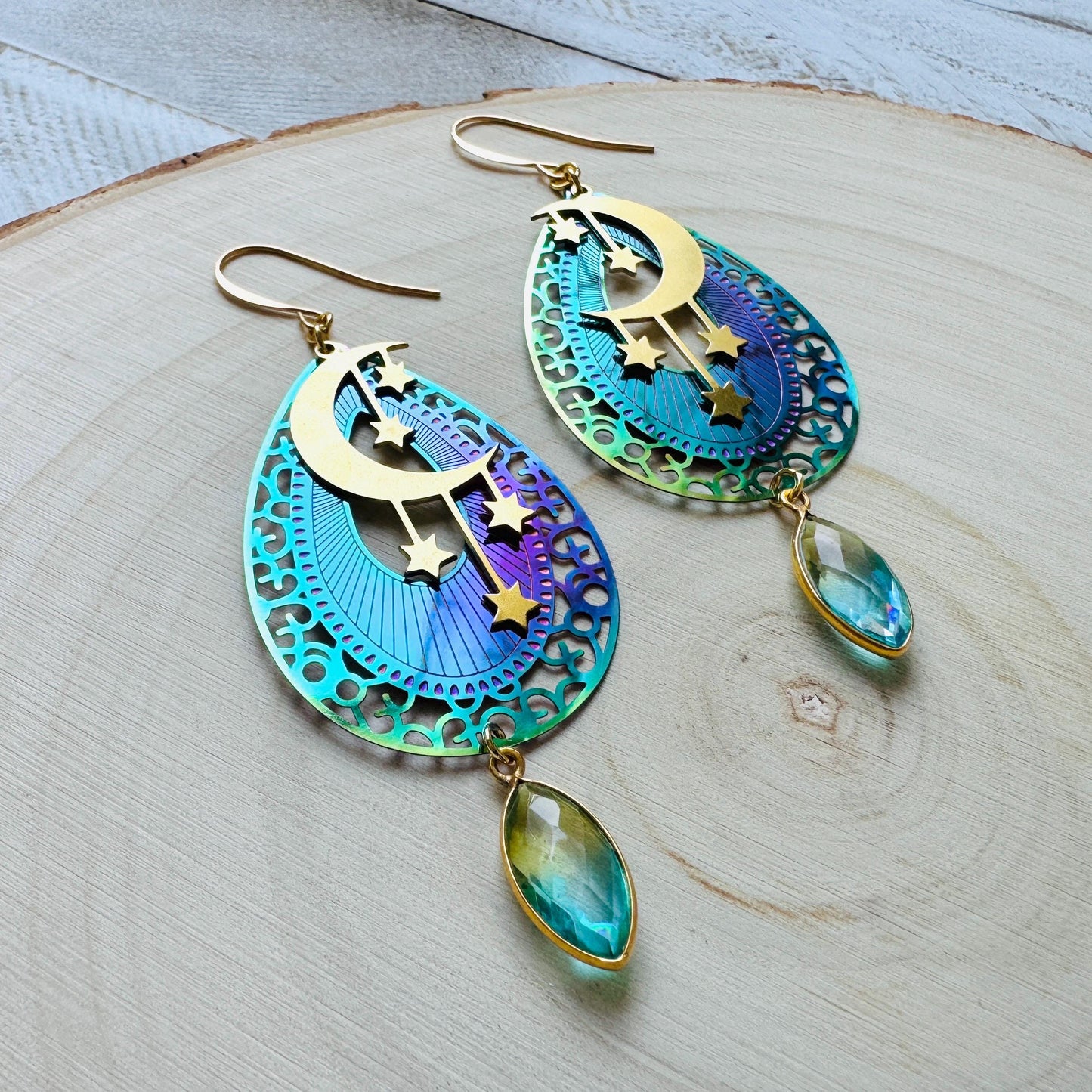 Quartz Earrings, Celestial Earrings Gold, Moon Earrings Dangle, Fairycore Jewelry Gold, Whimsical Gifts, Xmas Gifts for Coworkers, Boho Chic