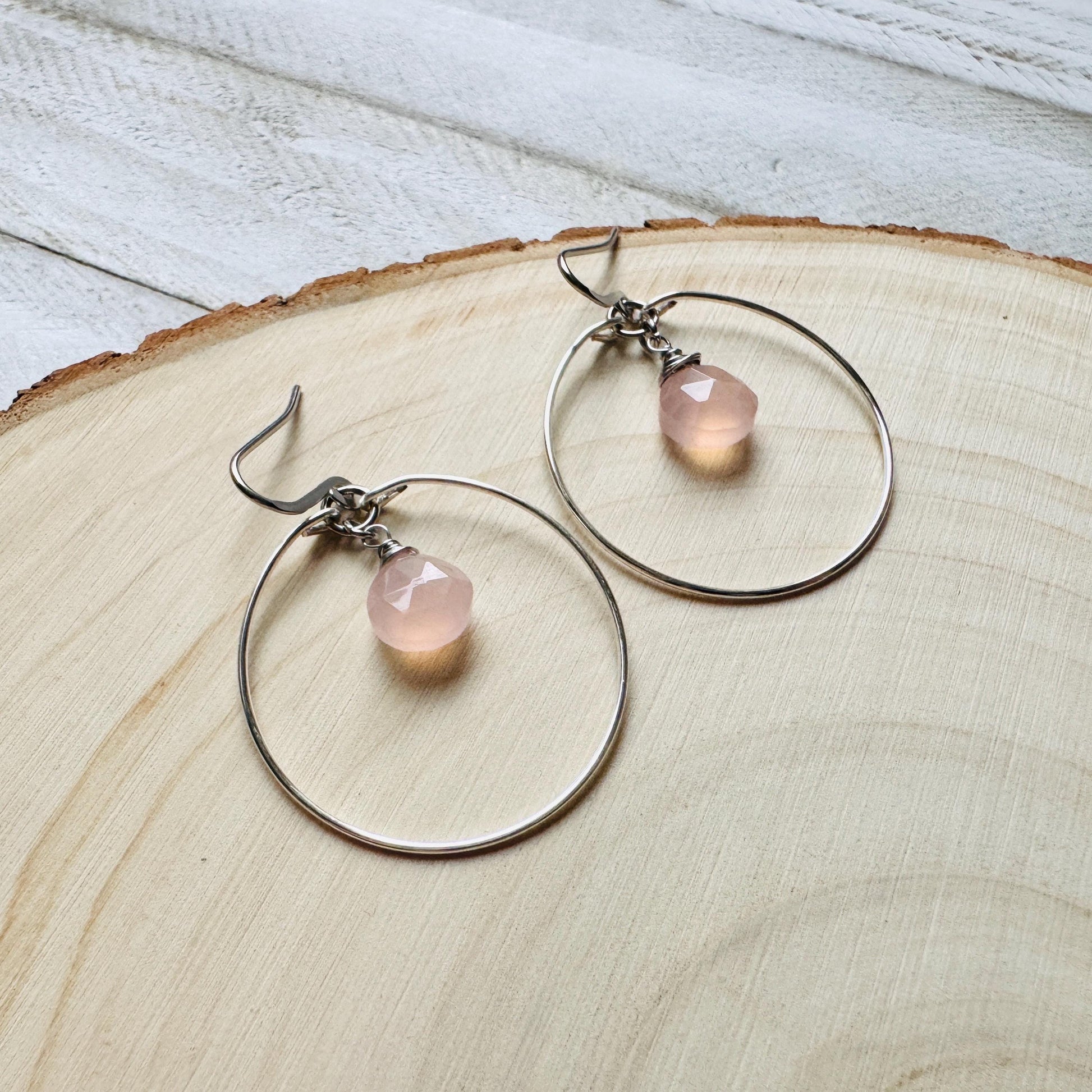 Pink Chalcedony Earrings, Boho Hoops, Minimalistic Witchy Jewelry, Natural Stone Jewelry, Best Friend Valentines Gift, Goth Girl Gifts