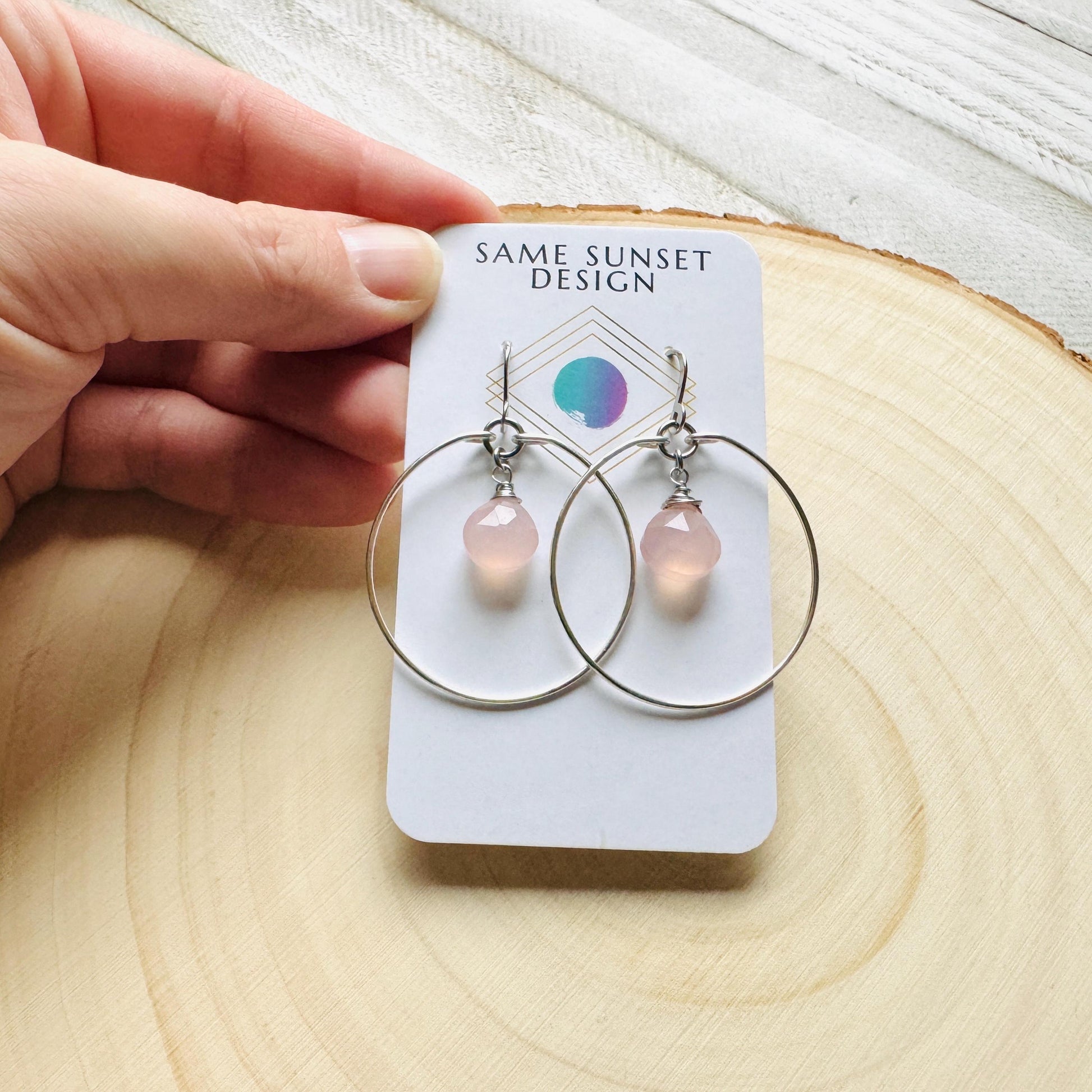 Pink Chalcedony Earrings, Boho Hoops, Minimalistic Witchy Jewelry, Natural Stone Jewelry, Best Friend Valentines Gift, Goth Girl Gifts