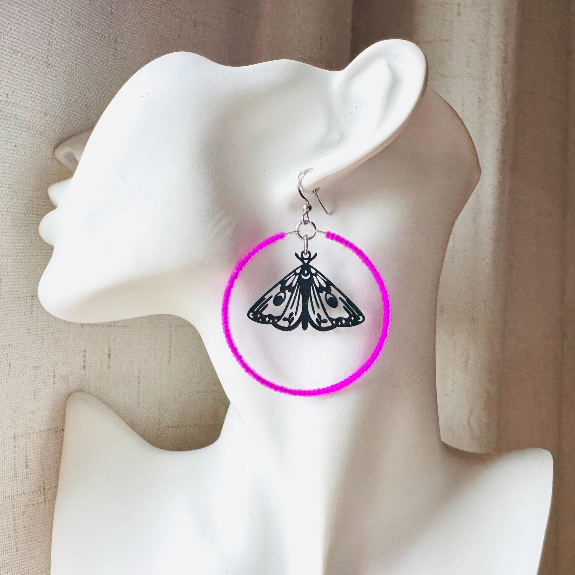 Moth Earrings, Witchy Earrings, Seed Bead Hoop Earrings, Punk Wedding, Best Friend Valentines Gift, Bug Lover Gift, Science Teacher Gift