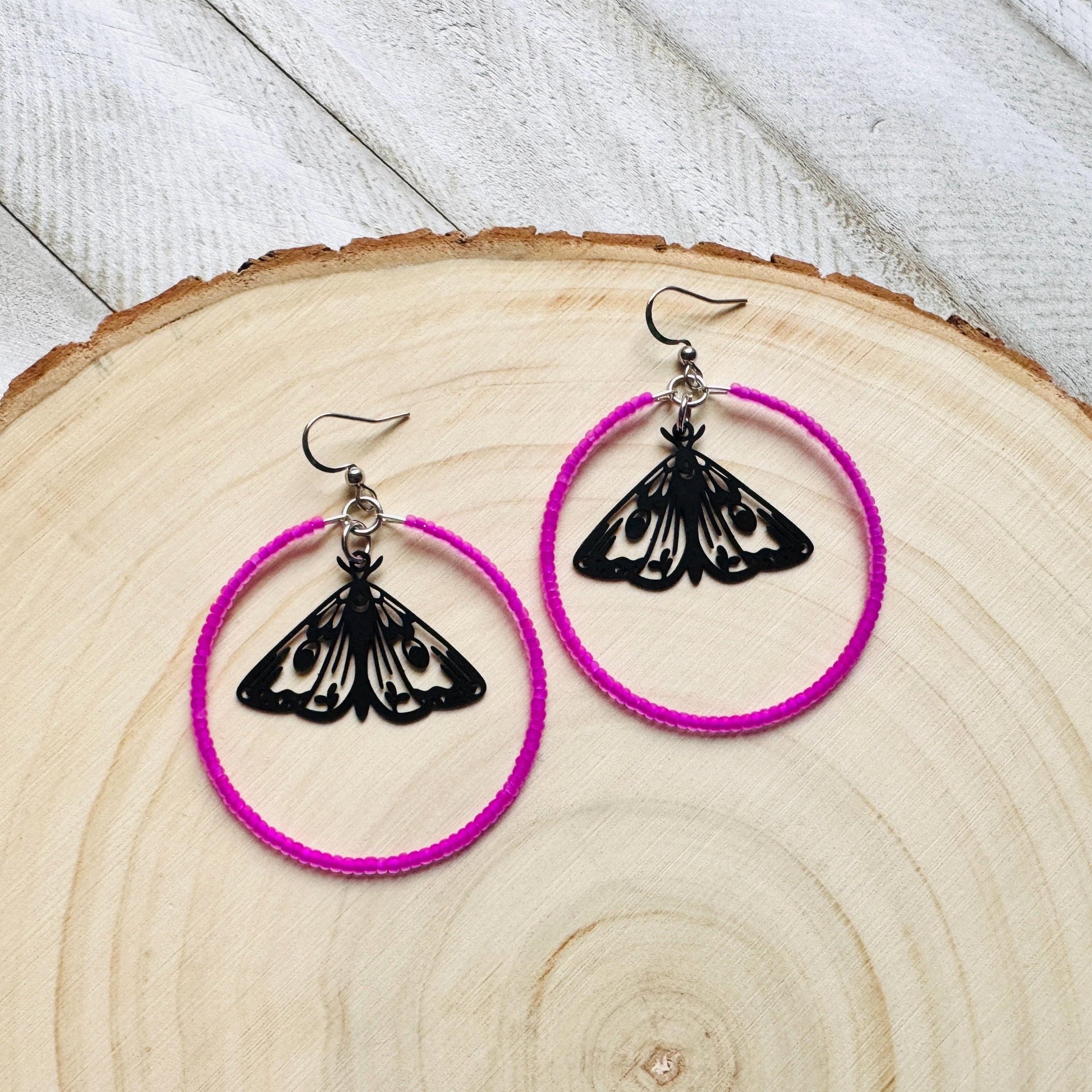 Moth Earrings, Witchy Earrings, Seed Bead Hoop Earrings, Punk Wedding, Best Friend Valentines Gift, Bug Lover Gift, Science Teacher Gift