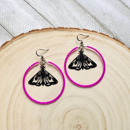 Moth Earrings, Witchy Earrings, Seed Bead Hoop Earrings, Punk Wedding, Best Friend Valentines Gift, Bug Lover Gift, Science Teacher Gift