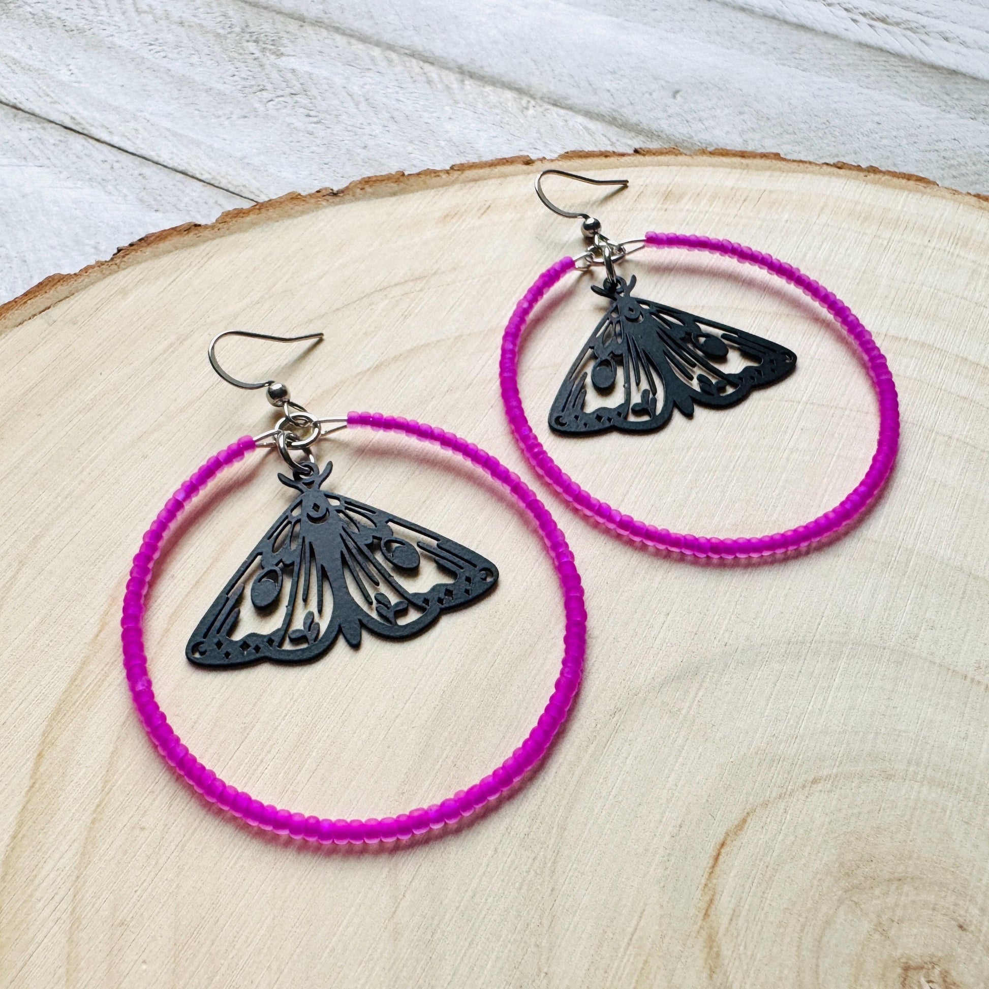Moth Earrings, Witchy Earrings, Seed Bead Hoop Earrings, Punk Wedding, Best Friend Valentines Gift, Bug Lover Gift, Science Teacher Gift