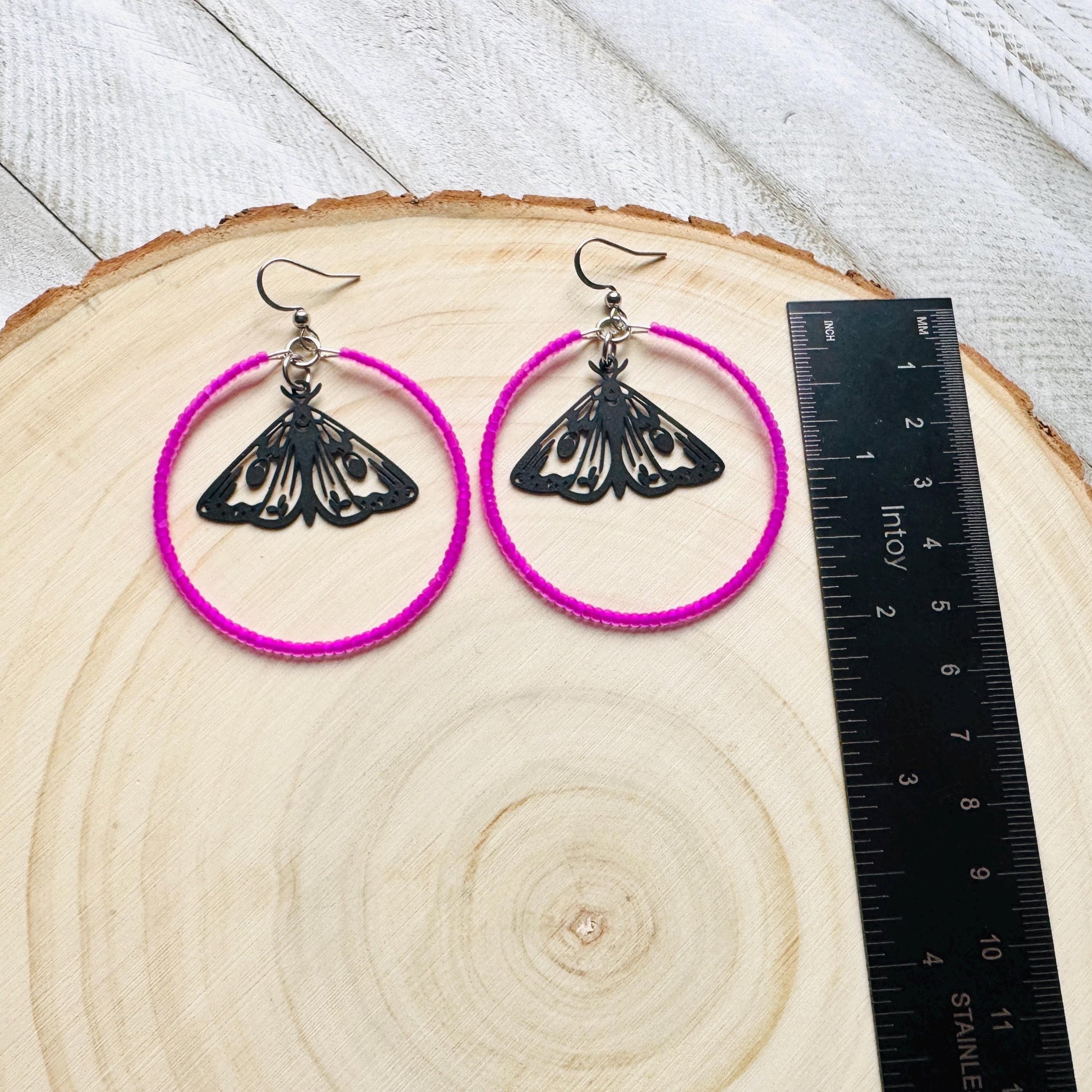 Moth Earrings, Witchy Earrings, Seed Bead Hoop Earrings, Punk Wedding, Best Friend Valentines Gift, Bug Lover Gift, Science Teacher Gift