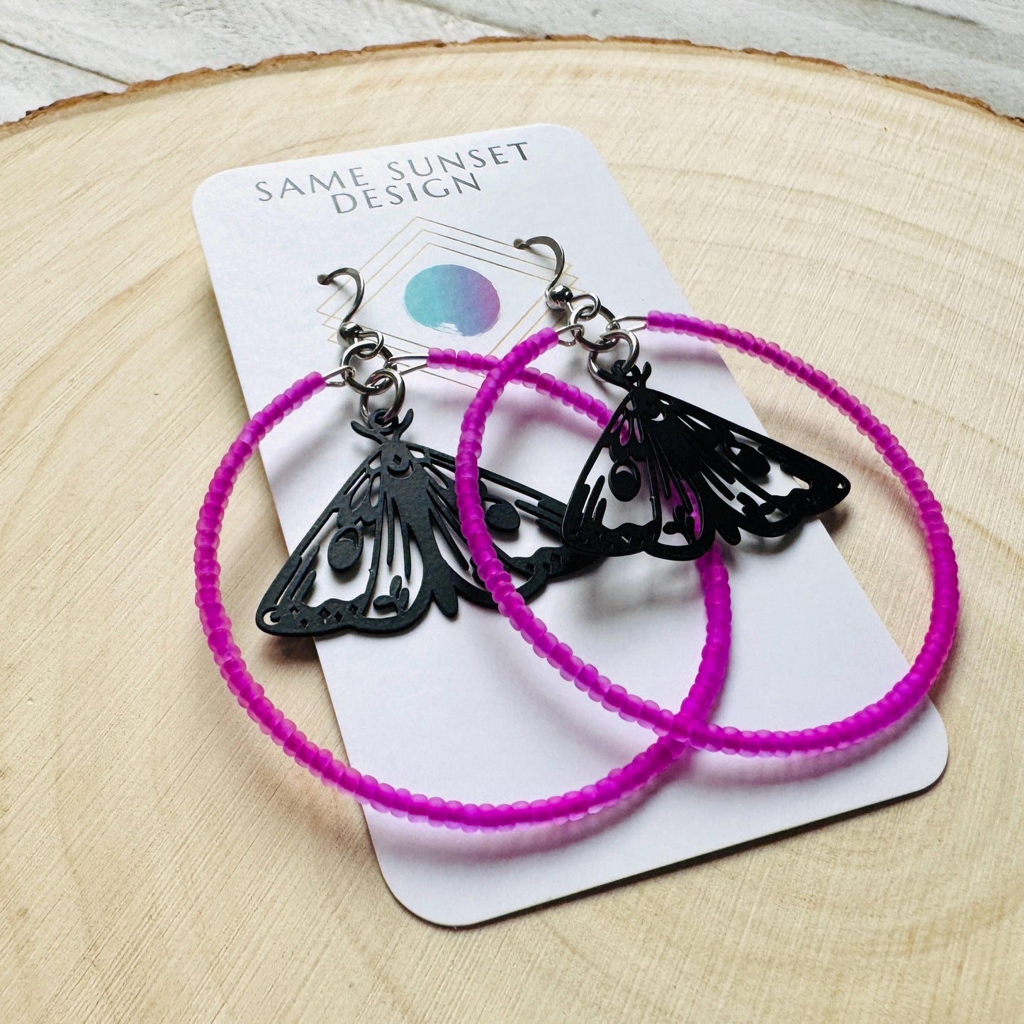 Moth Earrings, Witchy Earrings, Seed Bead Hoop Earrings, Punk Wedding, Best Friend Valentines Gift, Bug Lover Gift, Science Teacher Gift