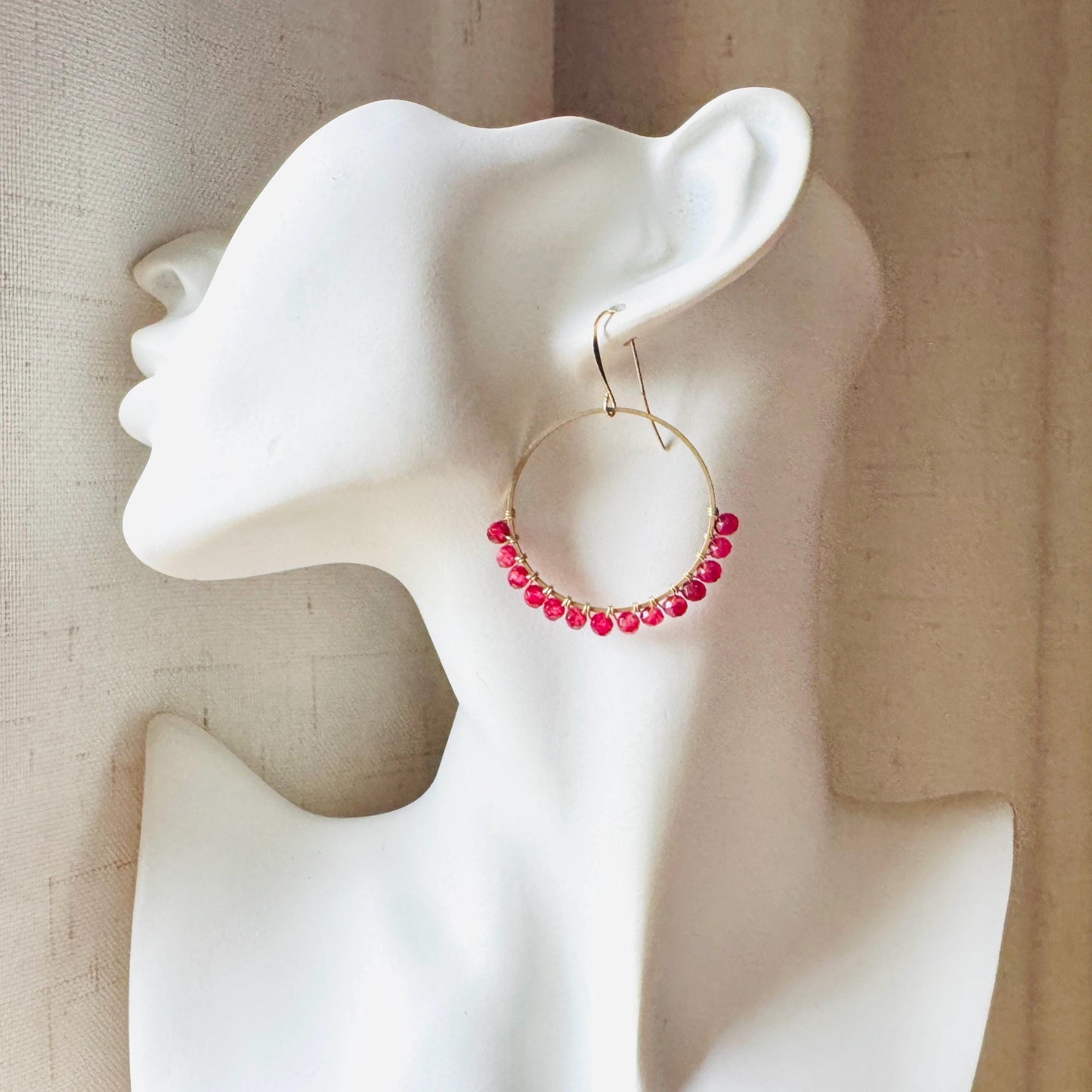 Garnet Earrings, January Earrings, Gemstone Earrings, Brass Hoops, Gold Hoop Earrings for Women, Valentines Gift for Her Jewely, Boho Chic