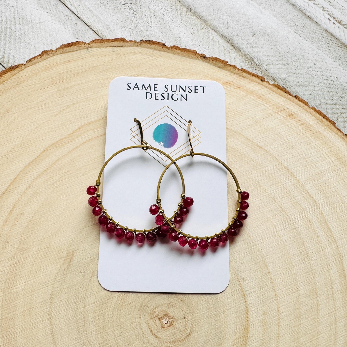 Garnet Earrings, January Earrings, Gemstone Earrings, Brass Hoops, Gold Hoop Earrings for Women, Valentines Gift for Her Jewely, Boho Chic