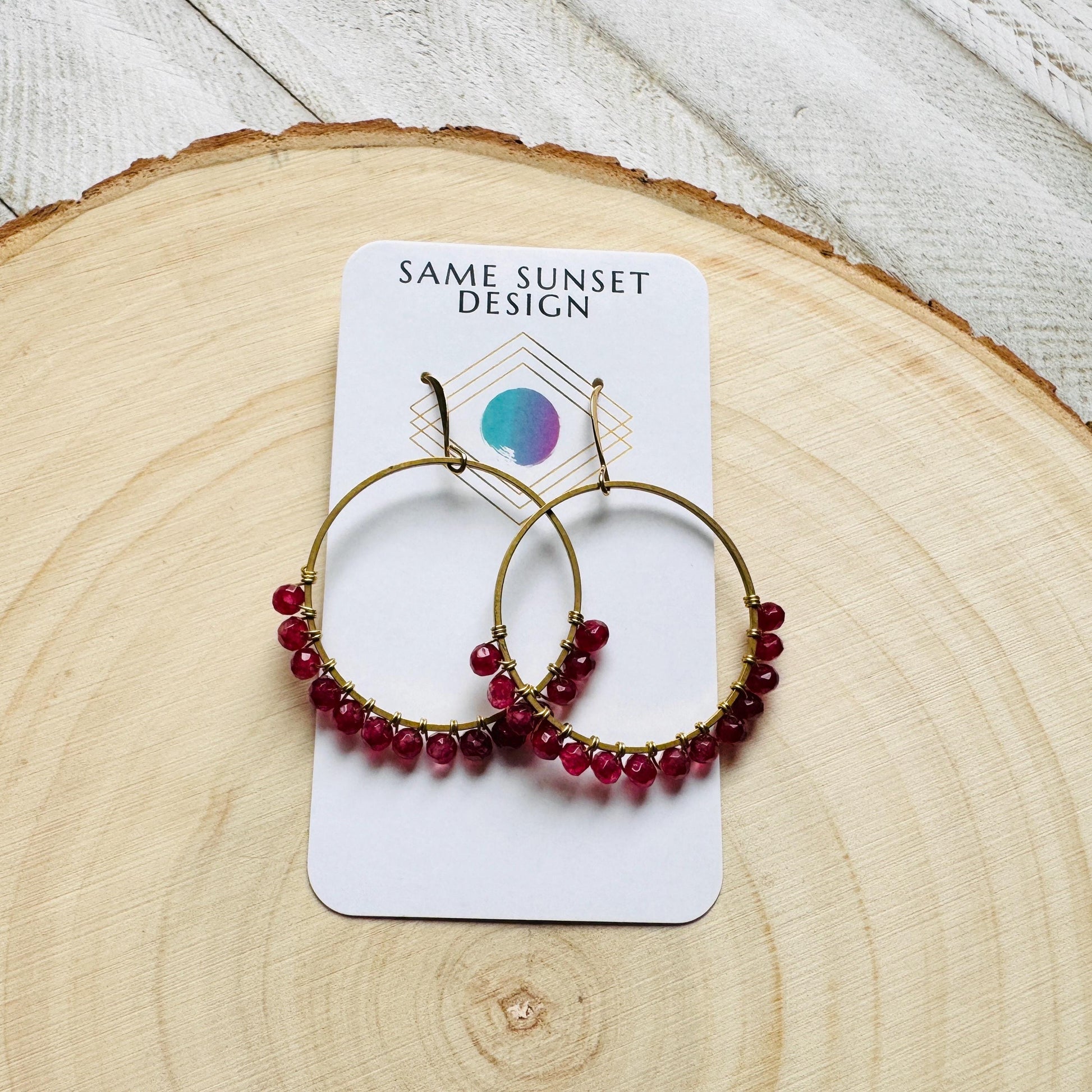 Garnet Earrings, January Earrings, Gemstone Earrings, Brass Hoops, Gold Hoop Earrings for Women, Valentines Gift for Her Jewely, Boho Chic
