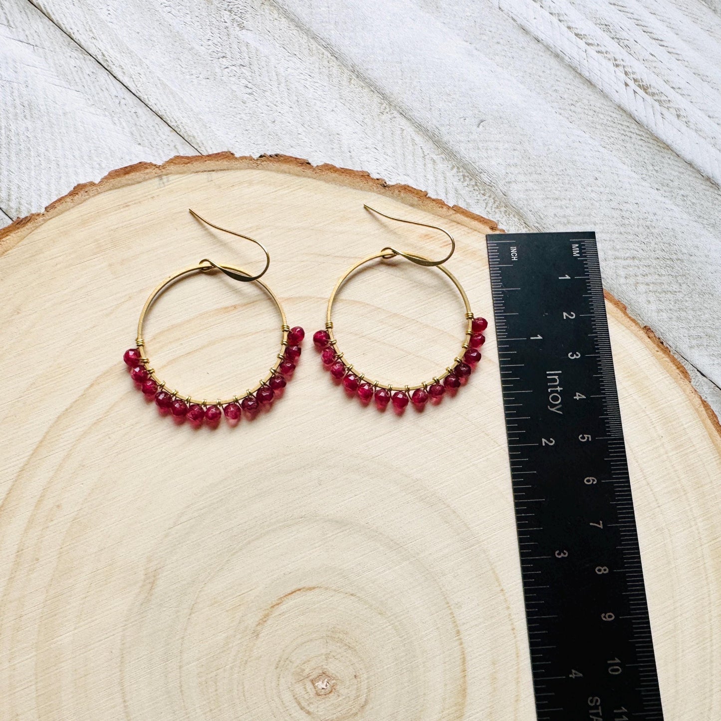 Garnet Earrings, January Earrings, Gemstone Earrings, Brass Hoops, Gold Hoop Earrings for Women, Valentines Gift for Her Jewely, Boho Chic