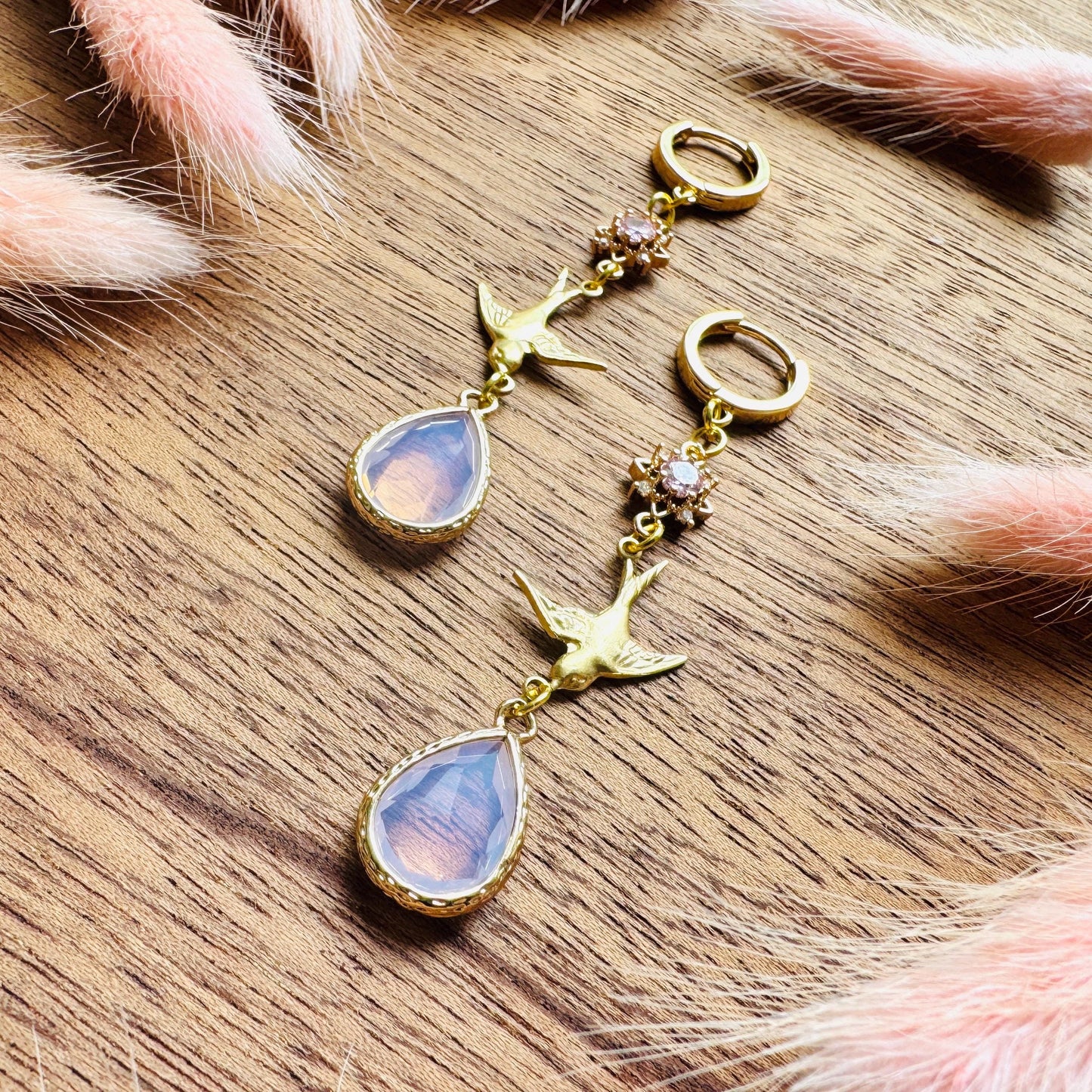 Bird Earrings, Pink Earrings, Fairycore Jewelry Gold, Science Teacher Gift, Bridal Jewelry, Boho Chic Earrings, Galentines Gift for Friends