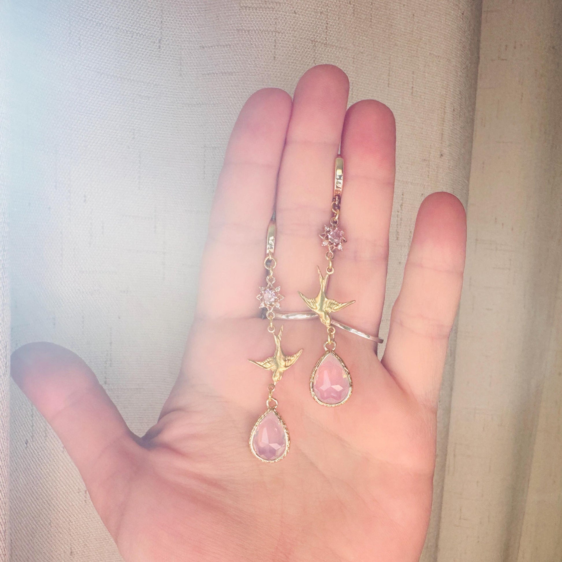Bird Earrings, Pink Earrings, Fairycore Jewelry Gold, Science Teacher Gift, Bridal Jewelry, Boho Chic Earrings, Galentines Gift for Friends