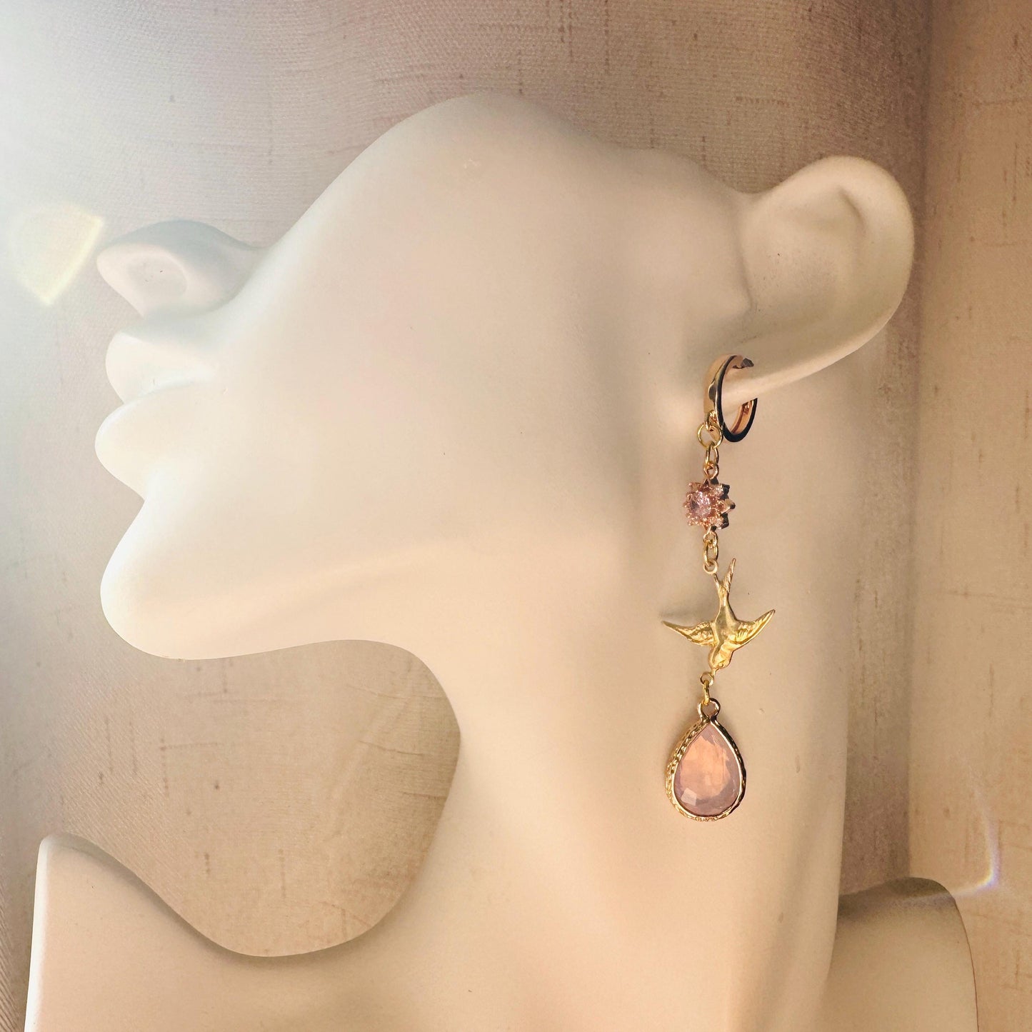 Bird Earrings, Pink Earrings, Fairycore Jewelry Gold, Science Teacher Gift, Bridal Jewelry, Boho Chic Earrings, Galentines Gift for Friends