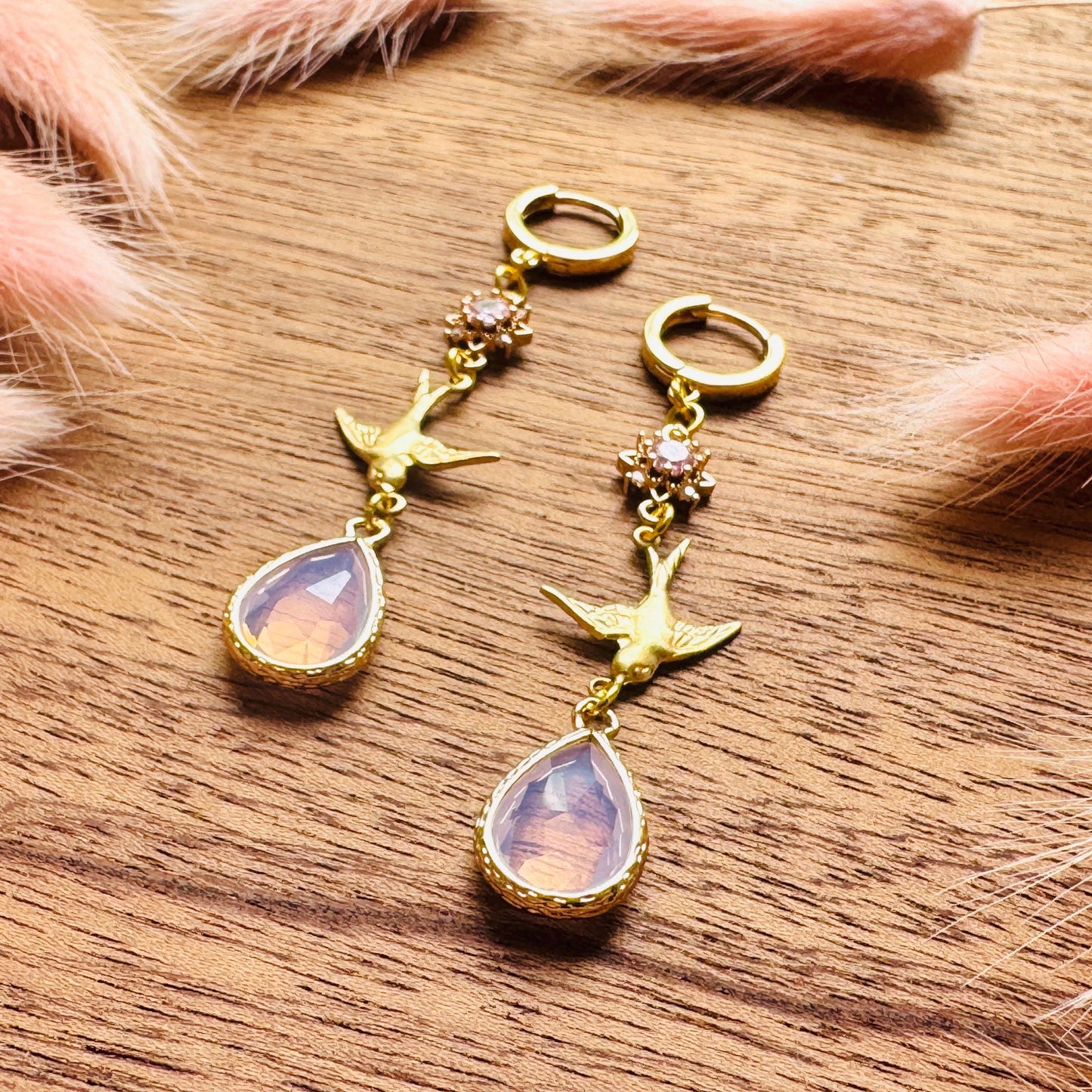 Bird Earrings, Pink Earrings, Fairycore Jewelry Gold, Science Teacher Gift, Bridal Jewelry, Boho Chic Earrings, Galentines Gift for Friends