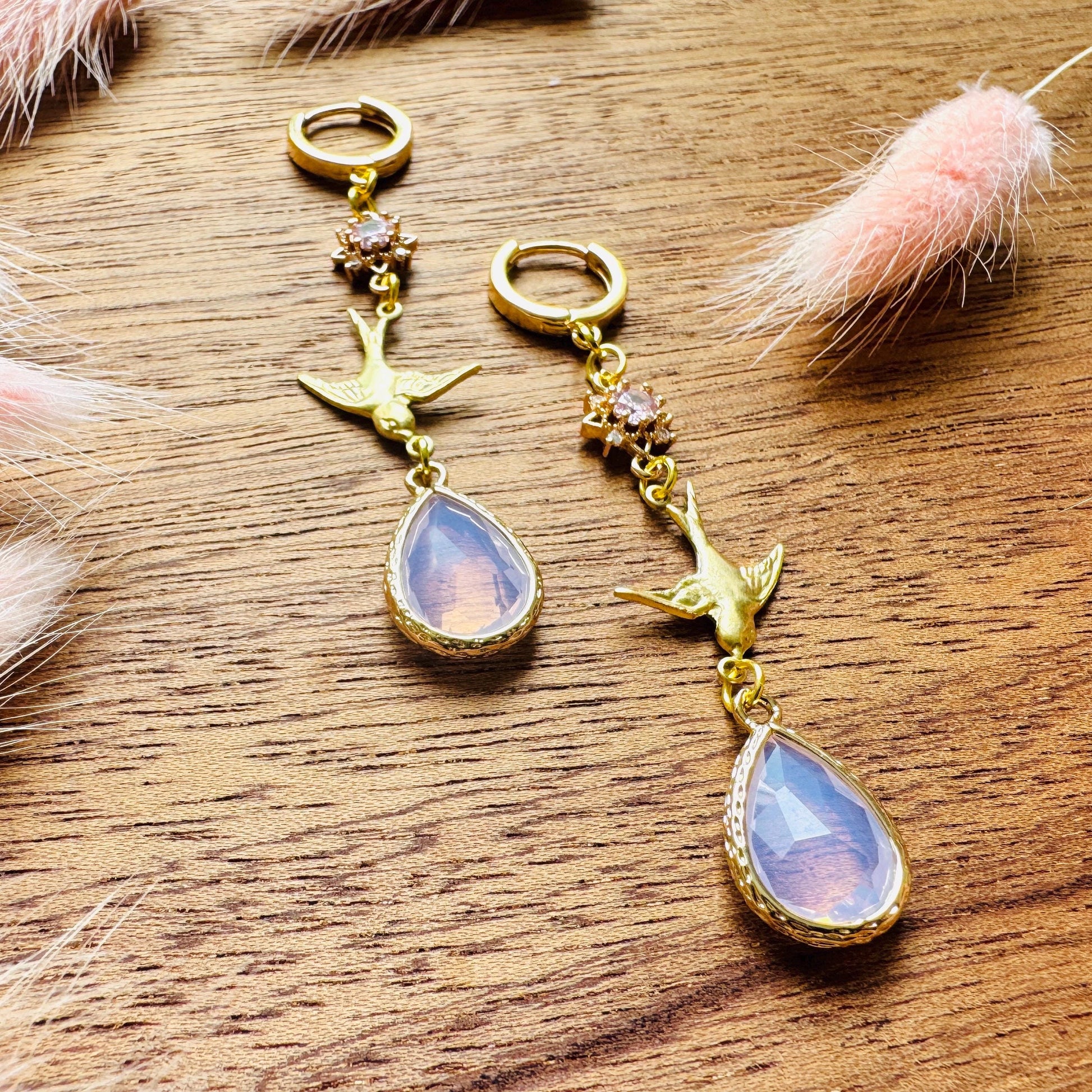 Bird Earrings, Pink Earrings, Fairycore Jewelry Gold, Science Teacher Gift, Bridal Jewelry, Boho Chic Earrings, Galentines Gift for Friends